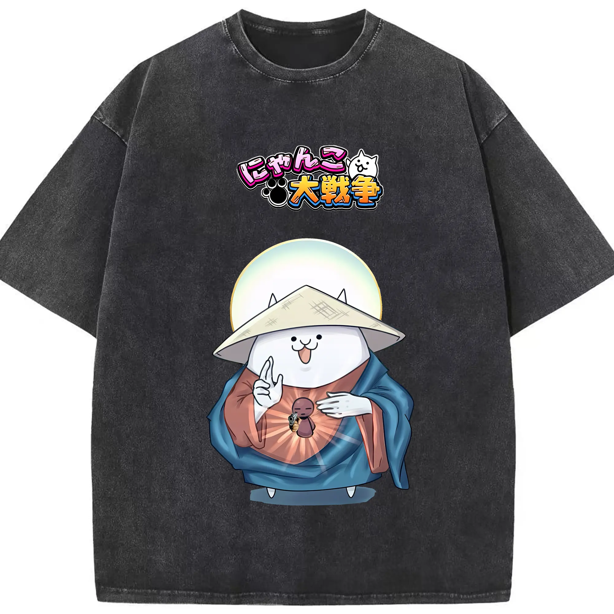 にゃんこ大戦争 グッズ - 綿100％ ヴィンテージ風 半袖Tシャツ ・ フロントプリント ・ 柔らか肌触り ・ 通気性 快適 ・ スポーツ カジュアル 外出用