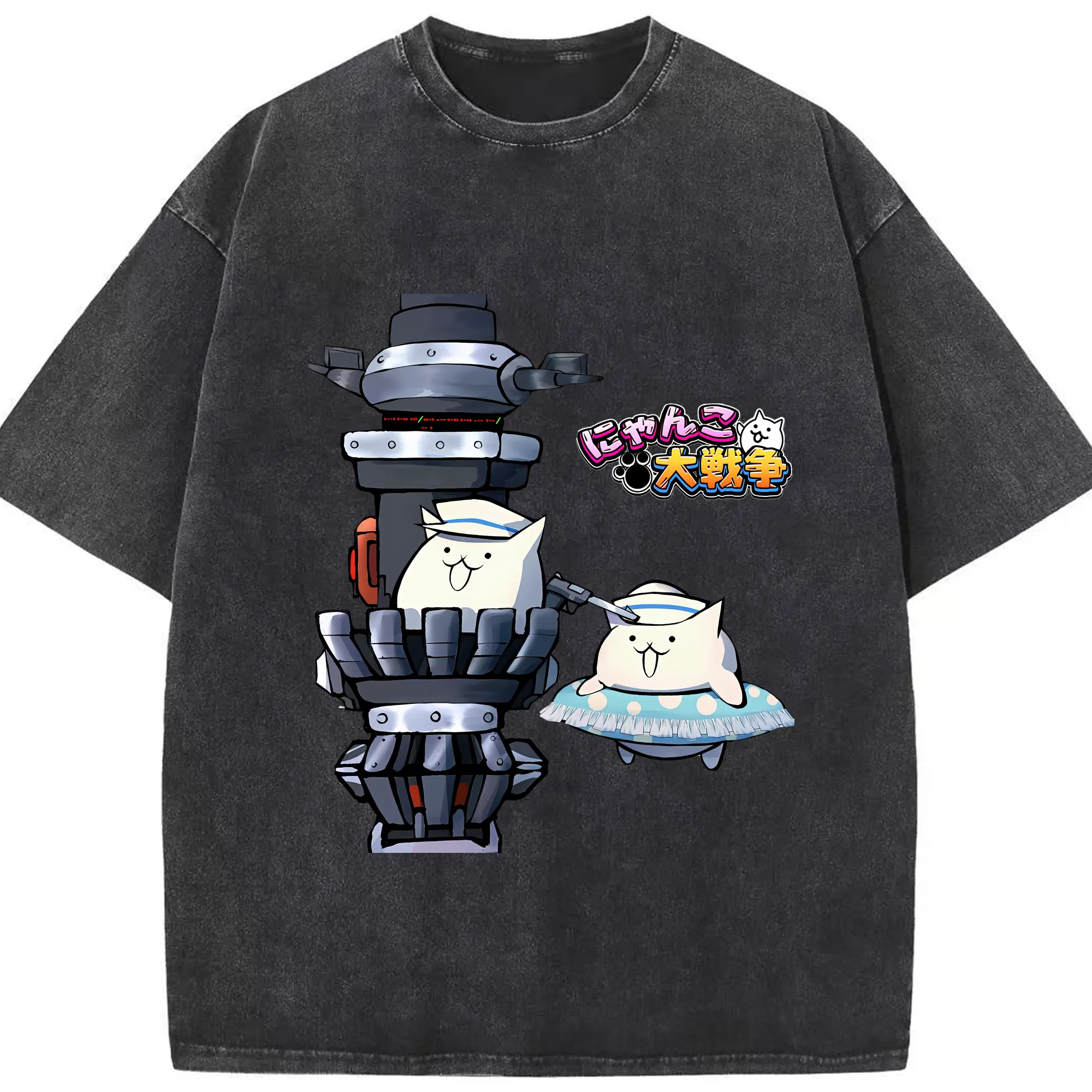 にゃんこ大戦争 グッズ - 綿100％ ヴィンテージ風 半袖Tシャツ ・ フロントプリント ・ 柔らか肌触り ・ 通気性 快適 ・ スポーツ カジュアル 外出用