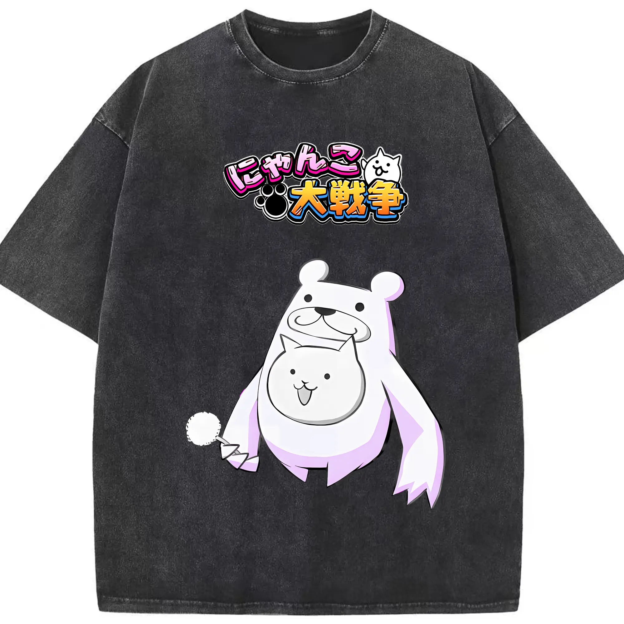 にゃんこ大戦争 グッズ - 綿100％ ヴィンテージ風 半袖Tシャツ ・ フロントプリント ・ 柔らか肌触り ・ 通気性 快適 ・ スポーツ カジュアル 外出用