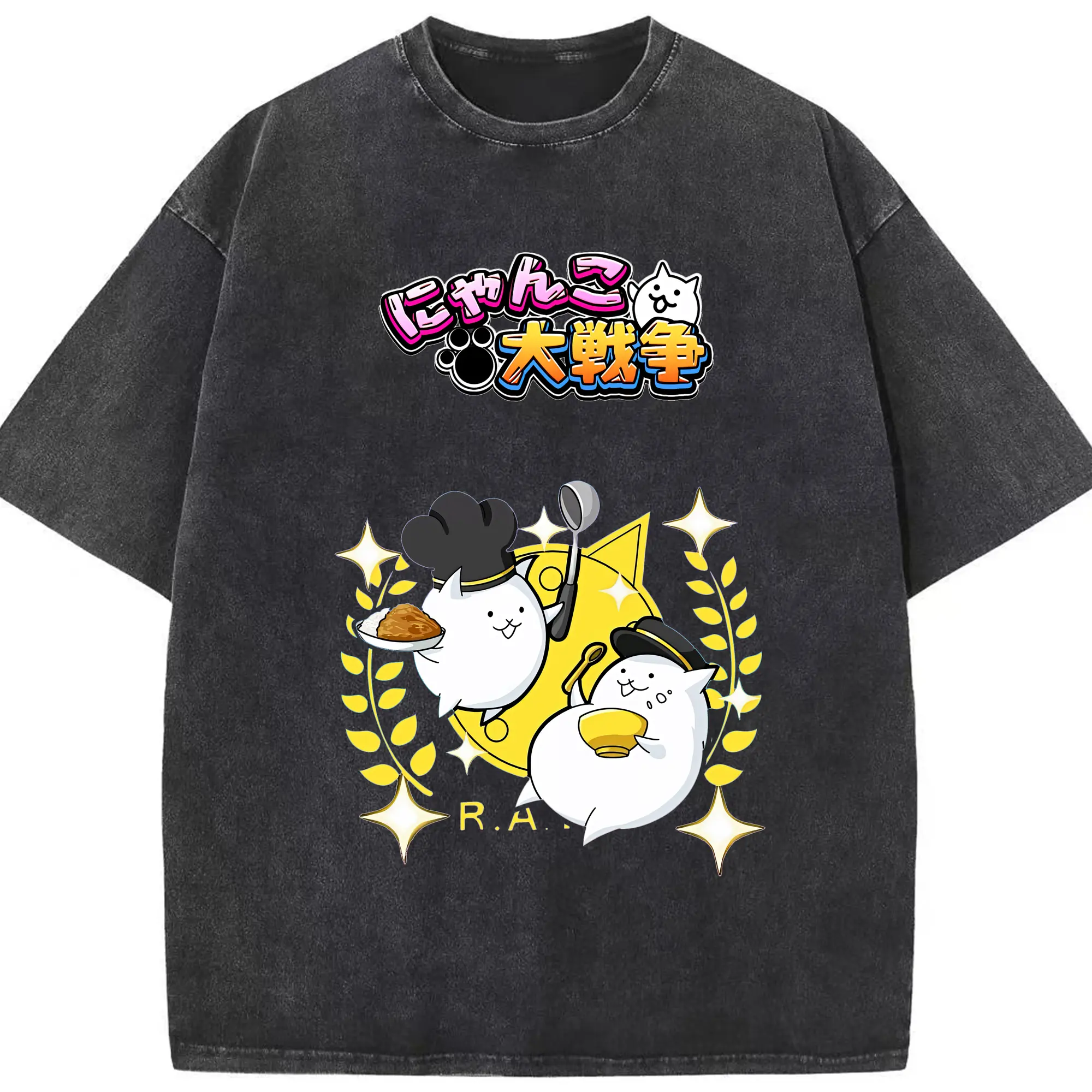 にゃんこ大戦争 グッズ - 綿100％ ヴィンテージ風 半袖Tシャツ ・ フロントプリント ・ 柔らか肌触り ・ 通気性 快適 ・ スポーツ カジュアル 外出用