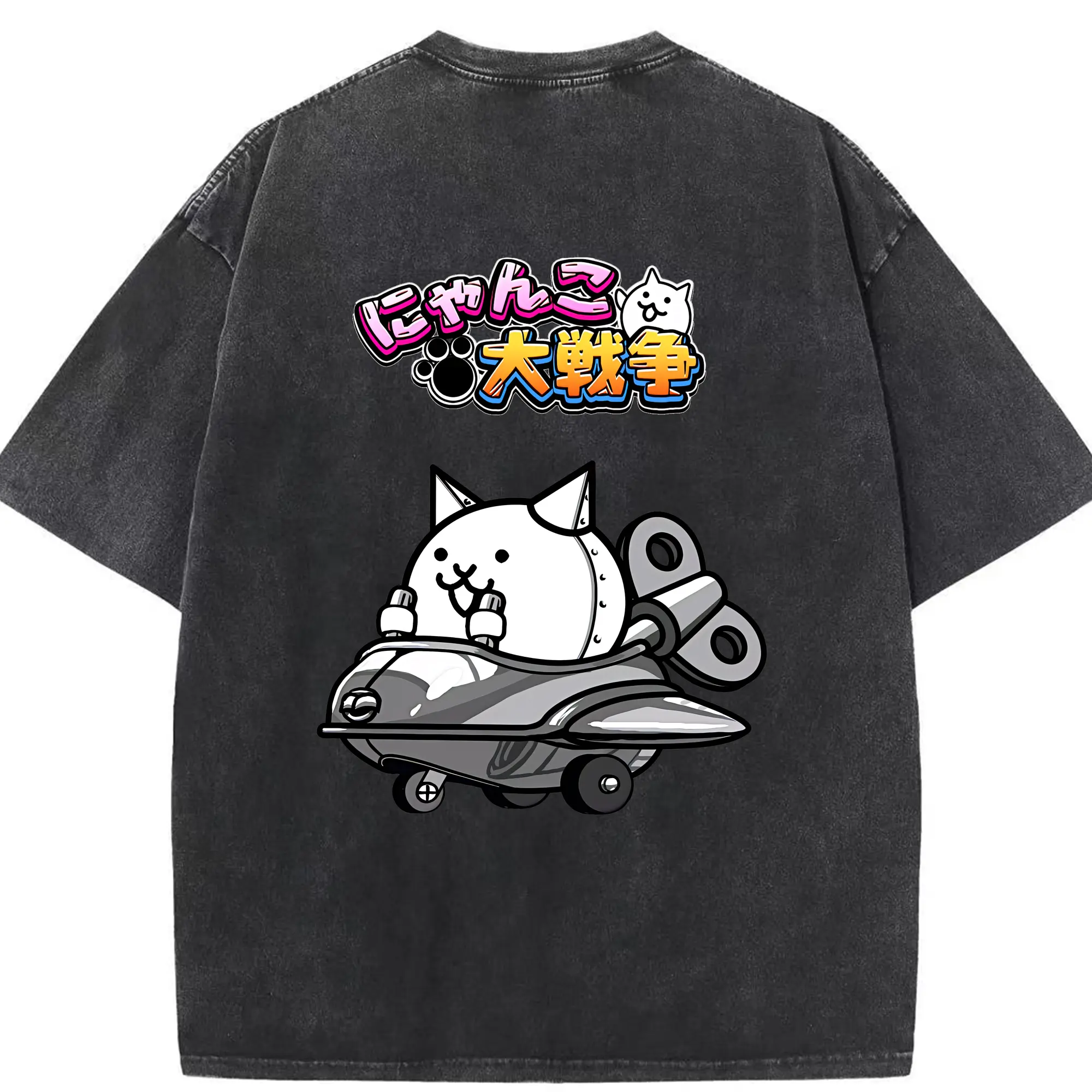 にゃんこ大戦争 グッズ - 綿100％ ヴィンテージ風 半袖Tシャツ ・ 背面プリント ・ 柔らか肌触り ・ 通気性 快適 ・ スポーツ カジュアル 外出用