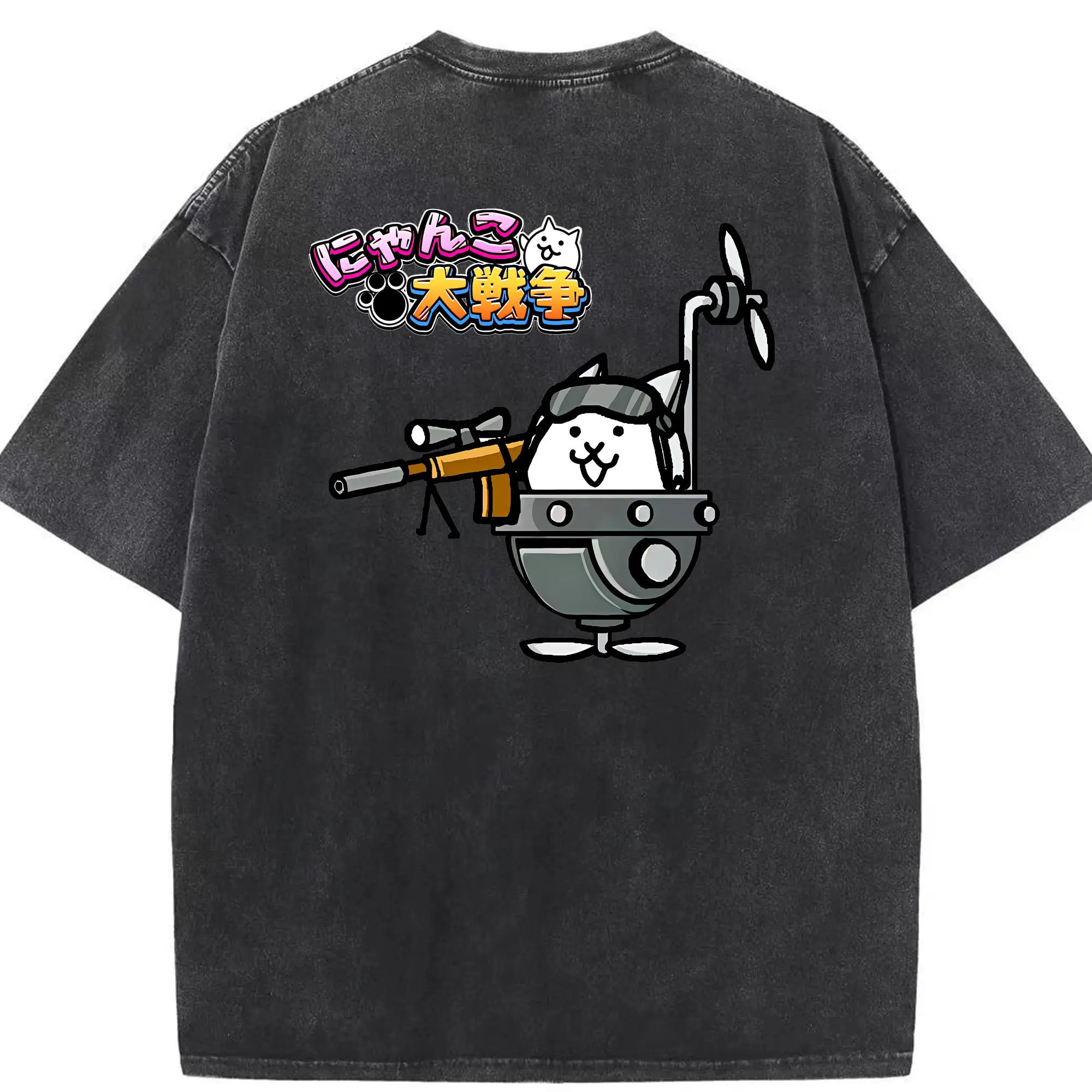 にゃんこ大戦争 グッズ - 綿100％ ヴィンテージ風 半袖Tシャツ ・ 背面プリント ・ 柔らか肌触り ・ 通気性 快適 ・ スポーツ カジュアル 外出用
