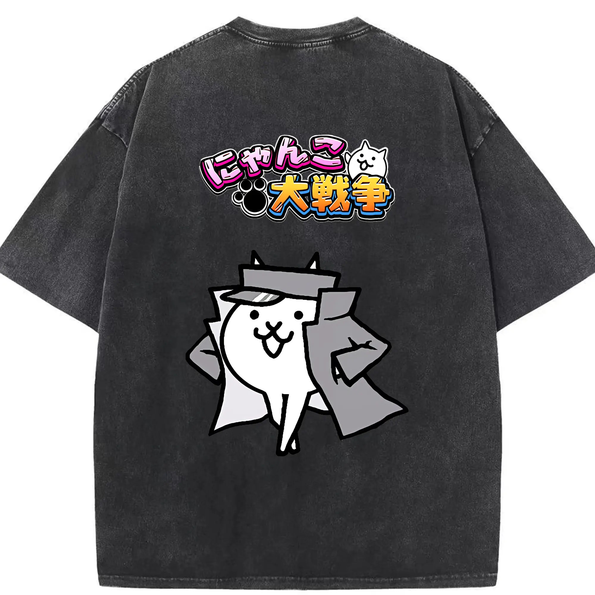 にゃんこ大戦争 グッズ - 綿100％ ヴィンテージ風 半袖Tシャツ ・ 背面プリント ・ 柔らか肌触り ・ 通気性 快適 ・ スポーツ カジュアル 外出用