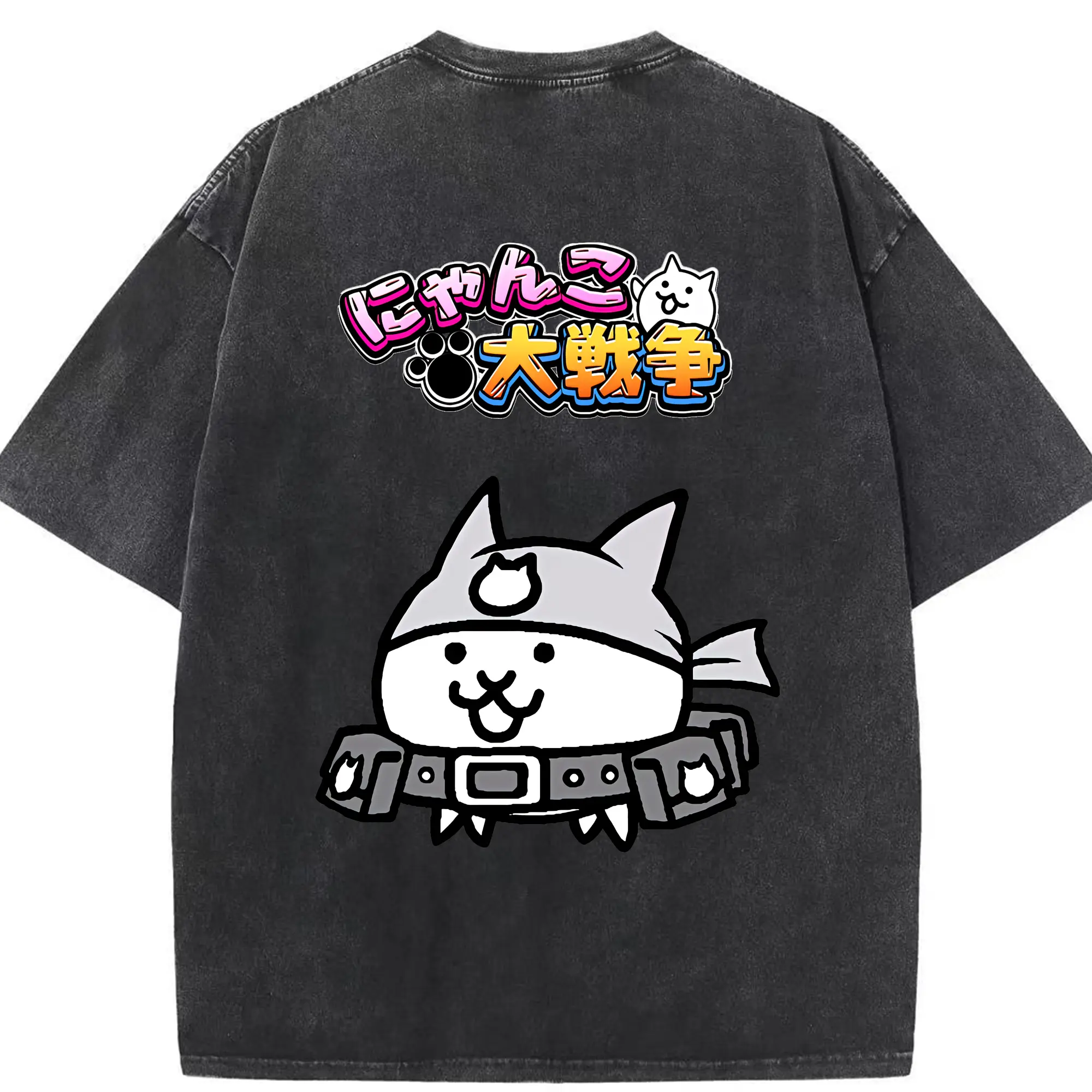 にゃんこ大戦争 グッズ - 綿100％ ヴィンテージ風 半袖Tシャツ ・ 背面プリント ・ 柔らか肌触り ・ 通気性 快適 ・ スポーツ カジュアル 外出用