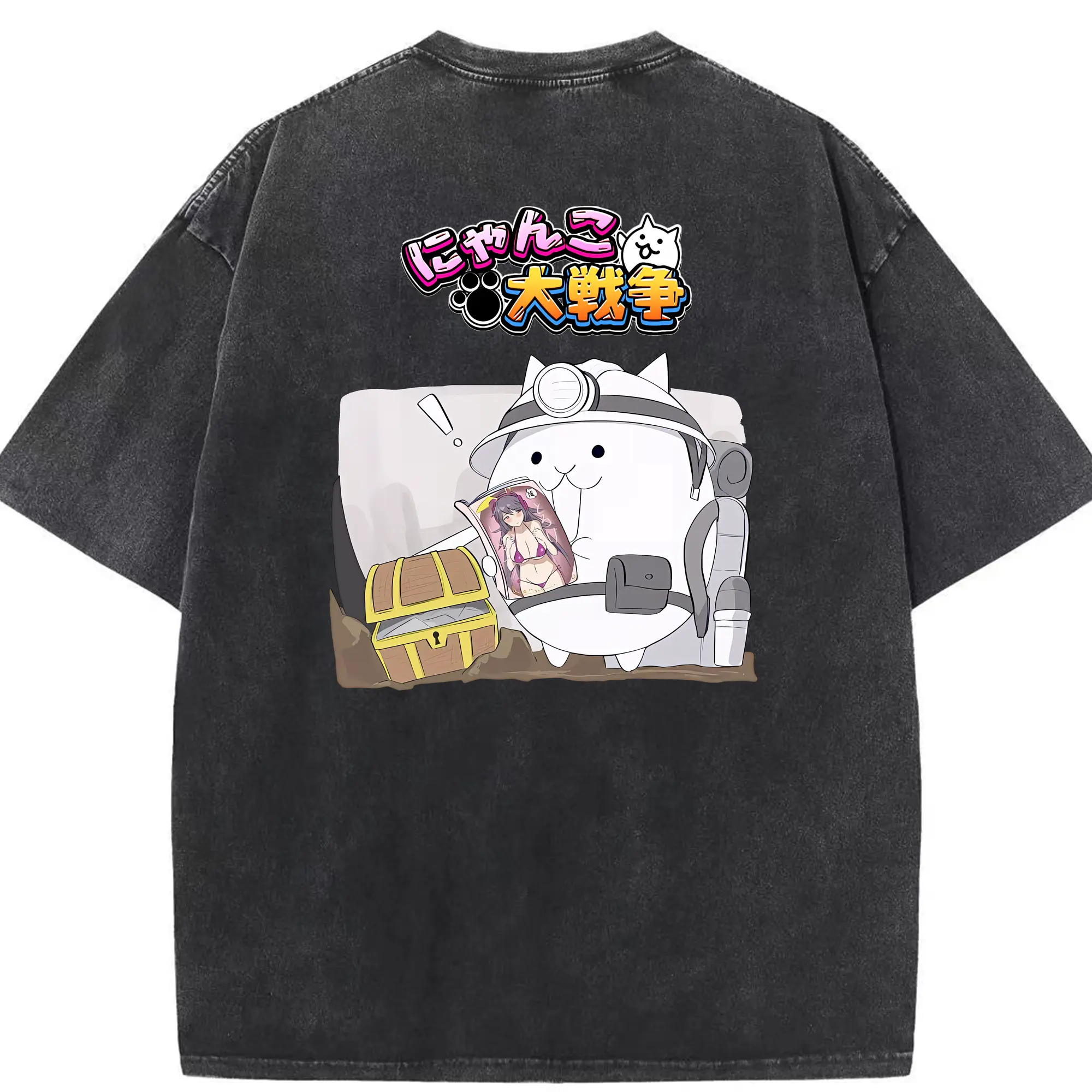 にゃんこ大戦争 グッズ - 綿100％ ヴィンテージ風 半袖Tシャツ ・ 背面プリント ・ 柔らか肌触り ・ 通気性 快適 ・ スポーツ カジュアル 外出用