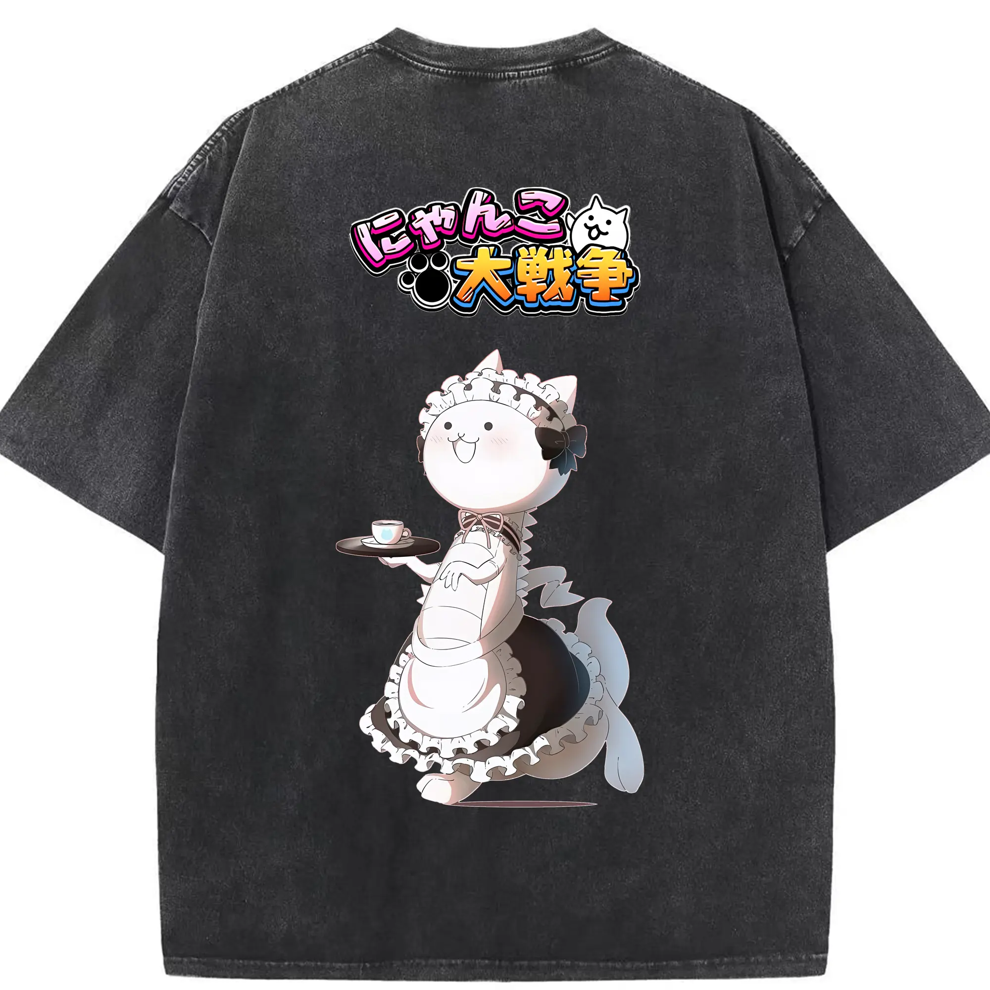 にゃんこ大戦争 グッズ - 綿100％ ヴィンテージ風 半袖Tシャツ ・ 背面プリント ・ 柔らか肌触り ・ 通気性 快適 ・ スポーツ カジュアル 外出用