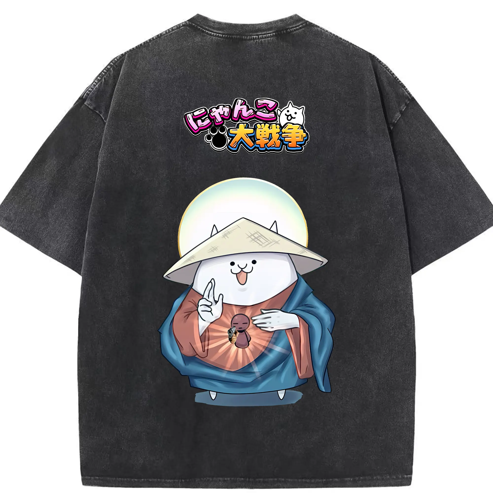 にゃんこ大戦争 グッズ - 綿100％ ヴィンテージ風 半袖Tシャツ ・ 背面プリント ・ 柔らか肌触り ・ 通気性 快適 ・ スポーツ カジュアル 外出用