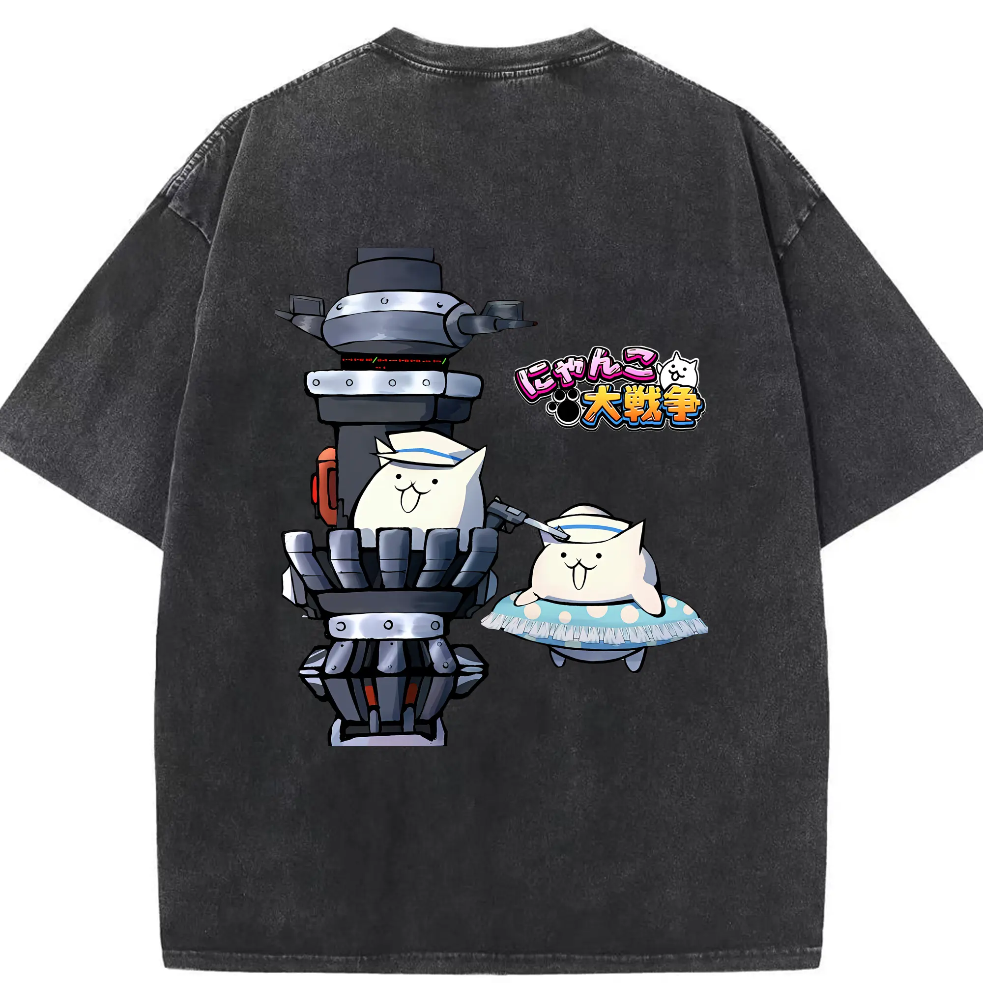にゃんこ大戦争 グッズ - 綿100％ ヴィンテージ風 半袖Tシャツ ・ 背面プリント ・ 柔らか肌触り ・ 通気性 快適 ・ スポーツ カジュアル 外出用