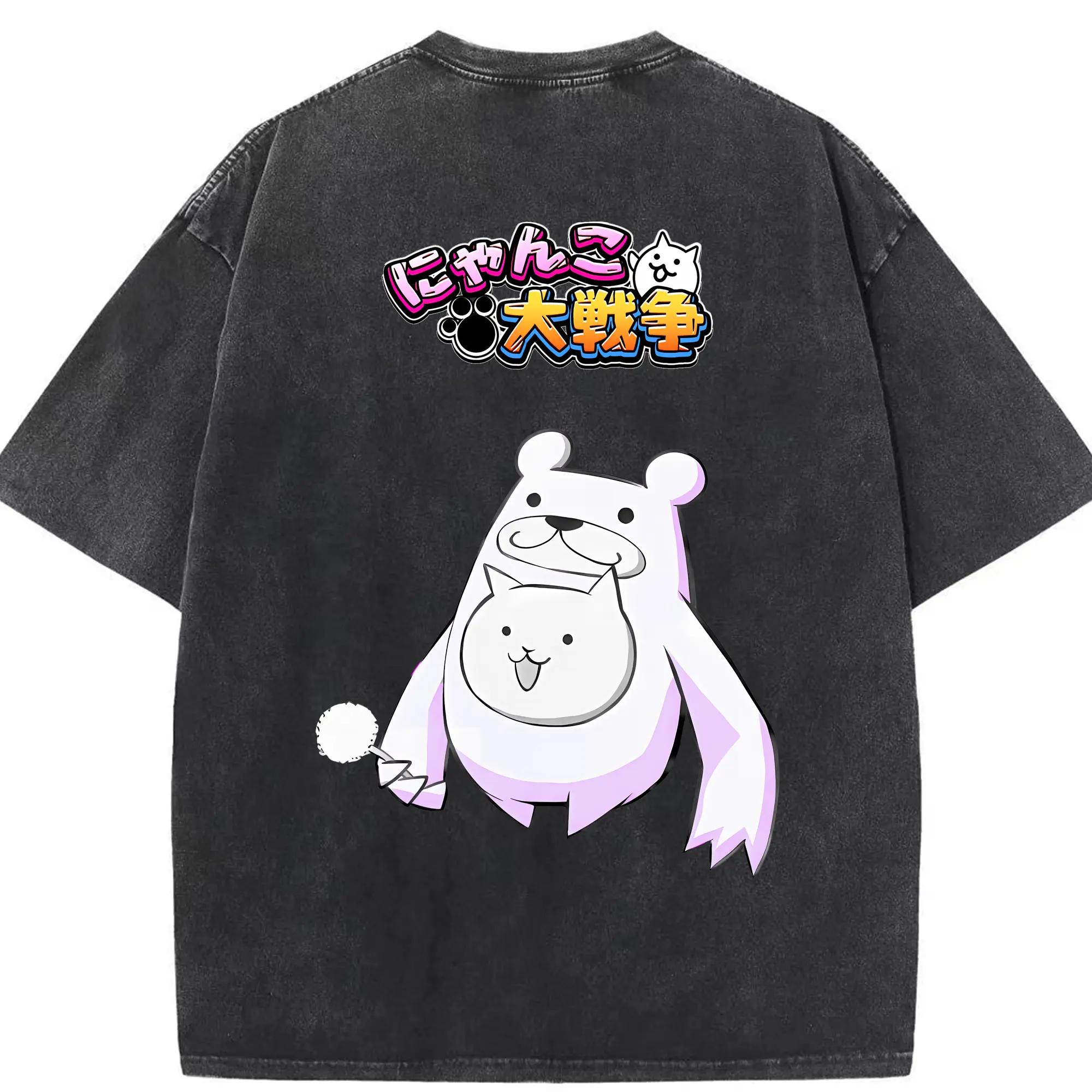 にゃんこ大戦争 グッズ - 綿100％ ヴィンテージ風 半袖Tシャツ ・ 背面プリント ・ 柔らか肌触り ・ 通気性 快適 ・ スポーツ カジュアル 外出用