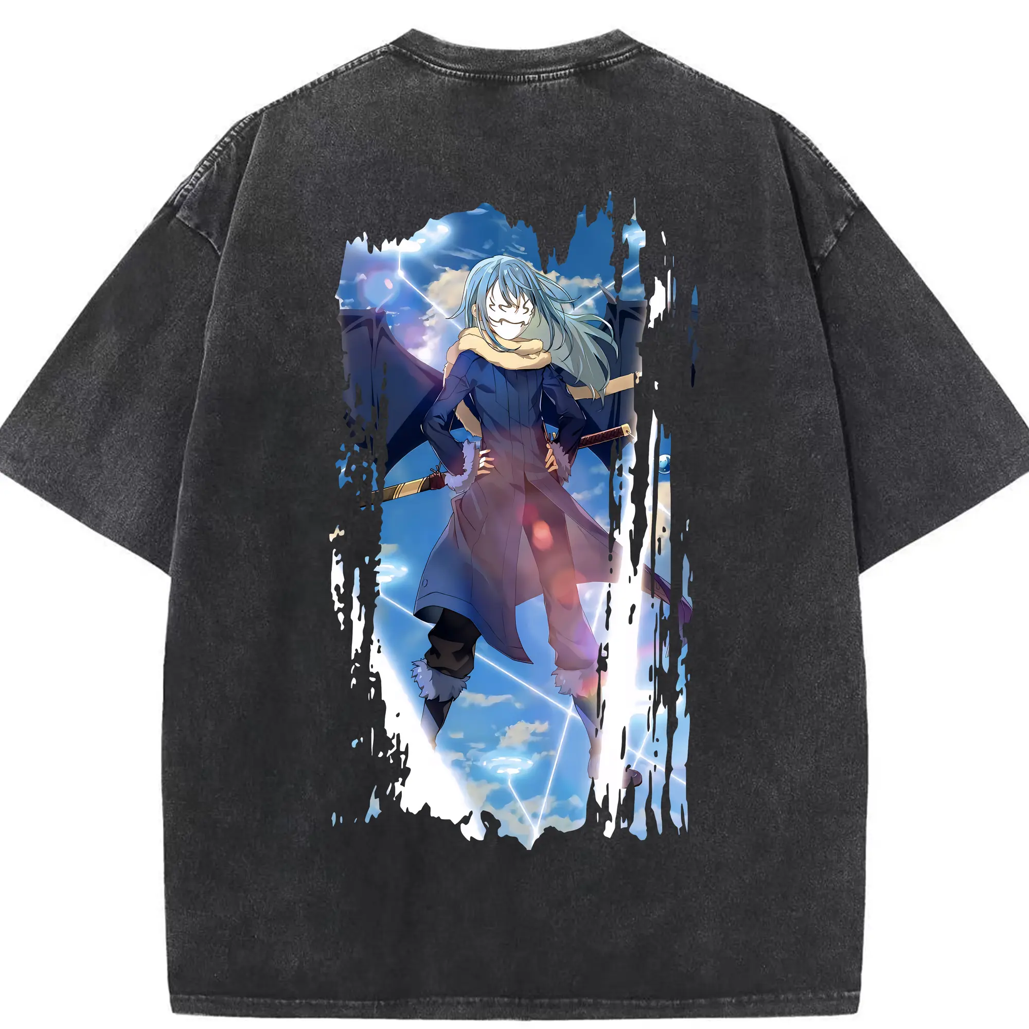 転生したらスライムだった件 グッズ,リムル・テンペスト - 綿100％ ヴィンテージ風 半袖Tシャツ ・ 背面プリント ・ 柔らか肌触り ・ 通気性 快適 ・ スポーツ カジュアル 外出用