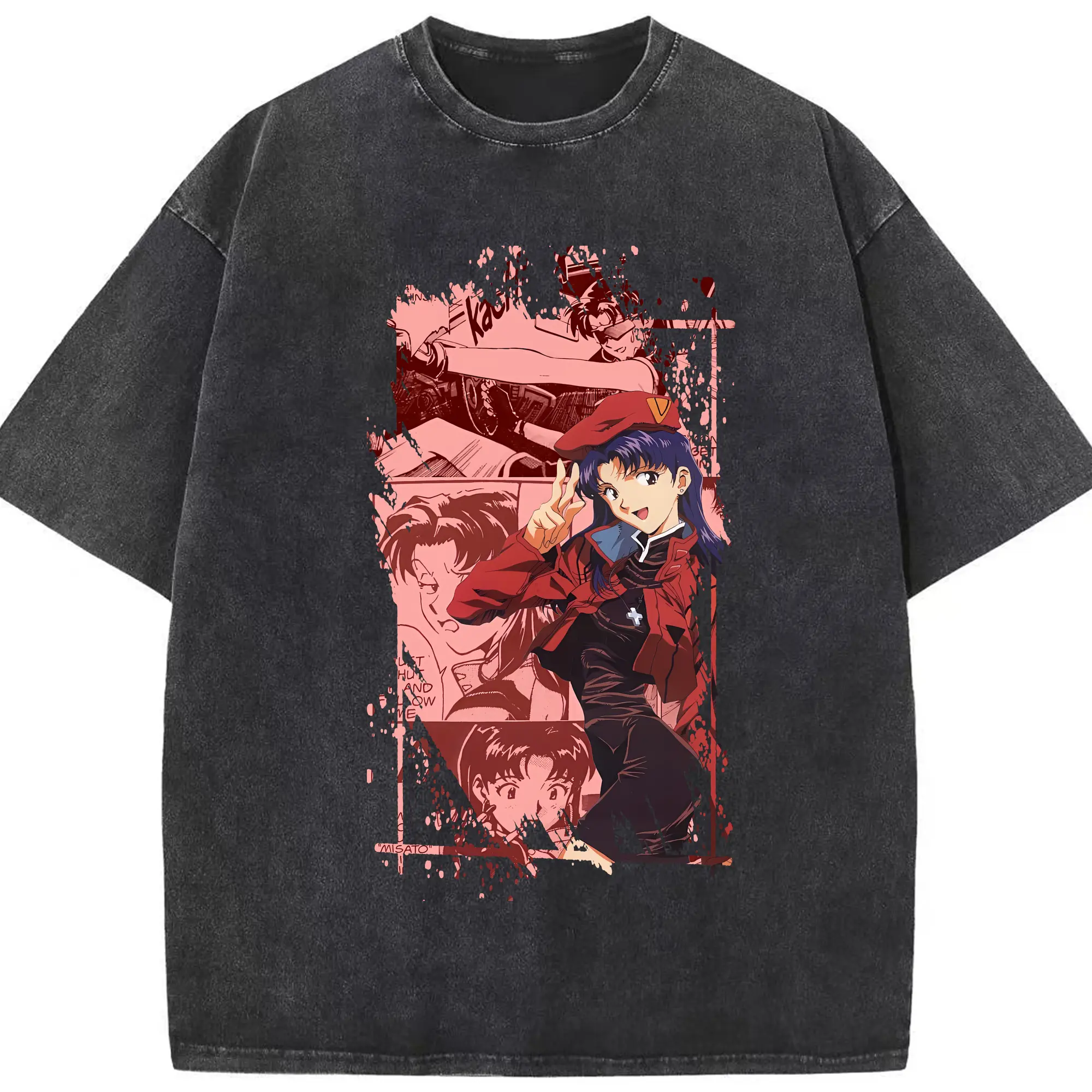 エヴァンゲリオン グッズ,葛城ミサト - 綿100％ ヴィンテージ風 半袖Tシャツ ・ フロントプリント ・ 柔らか肌触り ・ 通気性 快適 ・ スポーツ カジュアル 外出用