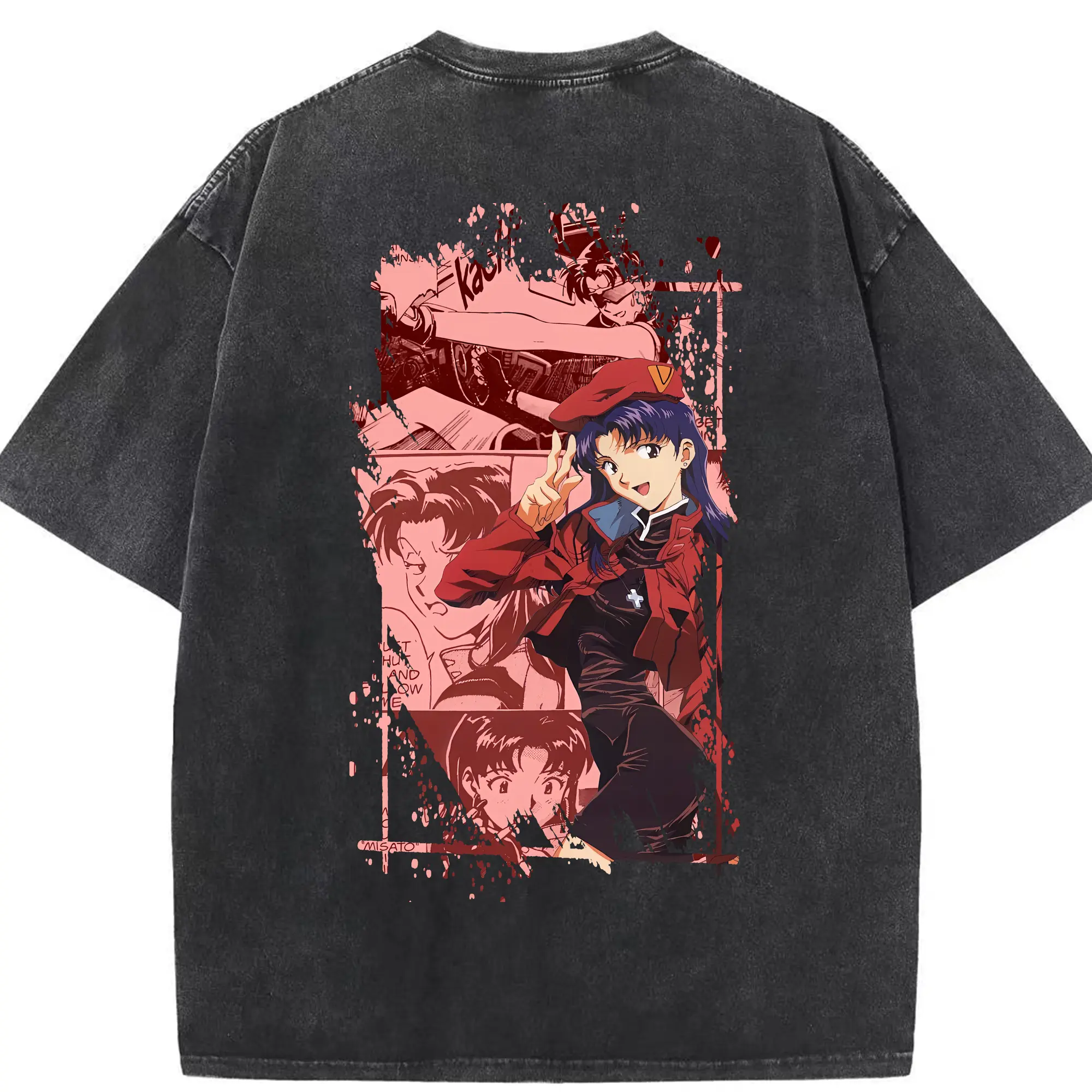 エヴァンゲリオン グッズ,葛城ミサト - 綿100％ ヴィンテージ風 半袖Tシャツ ・ 背面プリント ・ 柔らか肌触り ・ 通気性 快適 ・ スポーツ カジュアル 外出用
