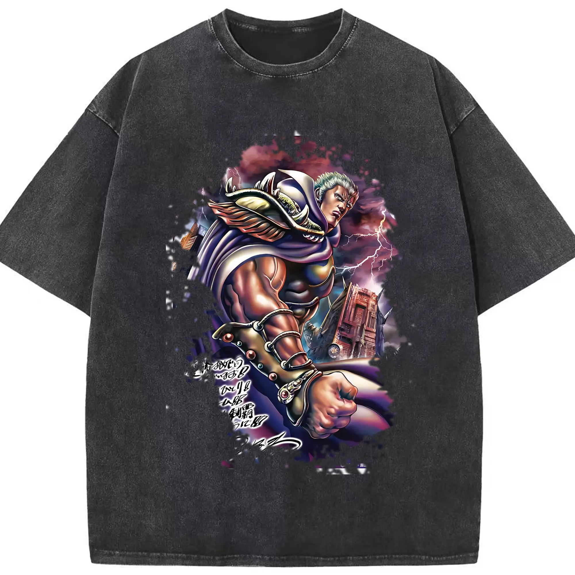 北斗の拳 グッズ,ラオウ - 綿100％ ヴィンテージ風 半袖Tシャツ ・ フロントプリント ・ 柔らか肌触り ・ 通気性 快適 ・ スポーツ カジュアル 外出用