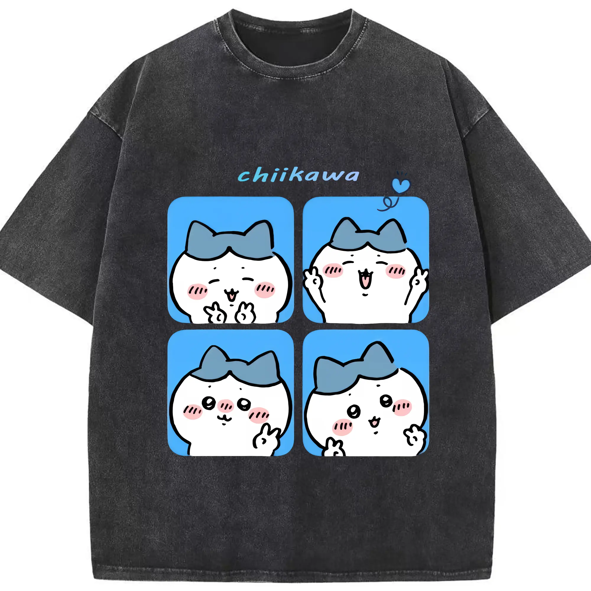 ちい が わ グッズ ハチワレ - 綿100％ ヴィンテージ風 半袖Tシャツ ・ フロントプリント ・ 柔らか肌触り ・ 通気性 快適 ・ スポーツ カジュアル 外出用