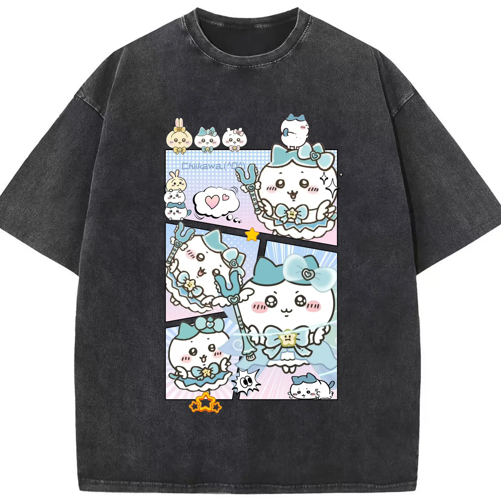 ちい が わ グッズ ハチワレ - 綿100％ ヴィンテージ風 半袖Tシャツ ・ フロントプリント ・ 柔らか肌触り ・ 通気性 快適 ・ スポーツ カジュアル 外出用