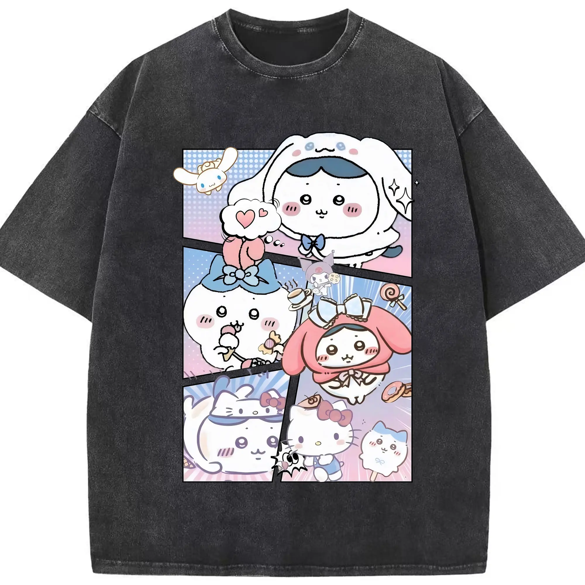 ちい が わ グッズ ハチワレ - 綿100％ ヴィンテージ風 半袖Tシャツ ・ フロントプリント ・ 柔らか肌触り ・ 通気性 快適 ・ スポーツ カジュアル 外出用