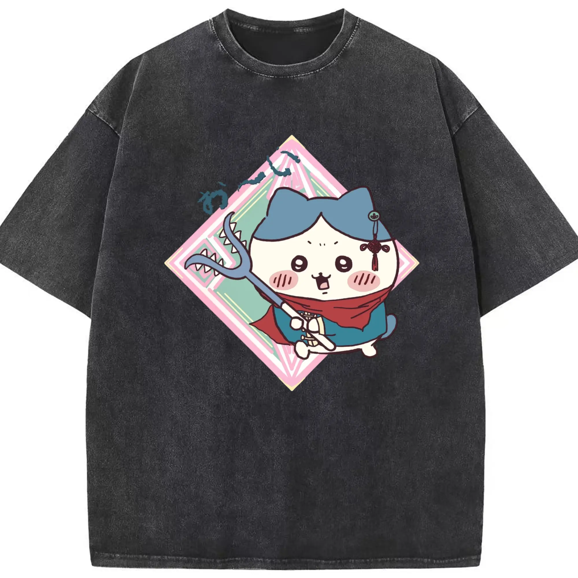 ちい が わ グッズ ハチワレ - 綿100％ ヴィンテージ風 半袖Tシャツ ・ フロントプリント ・ 柔らか肌触り ・ 通気性 快適 ・ スポーツ カジュアル 外出用