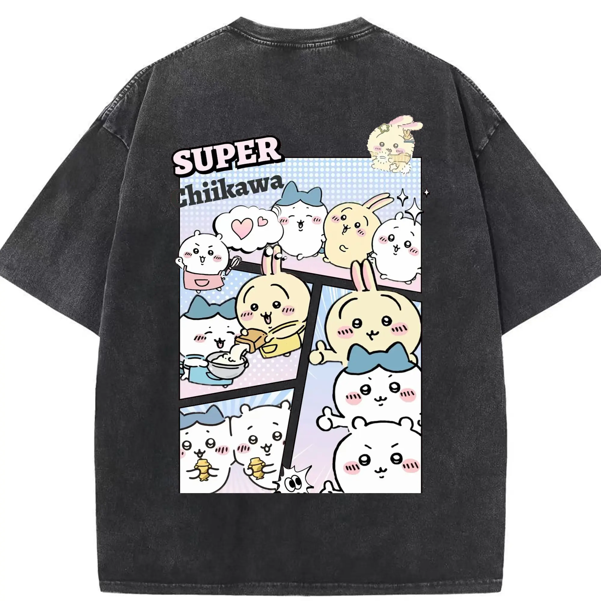 ちい が わ グッズ ハチワレ - 綿100％ ヴィンテージ風 半袖Tシャツ ・ 背面プリント ・ 柔らか肌触り ・ 通気性 快適 ・ スポーツ カジュアル 外出用