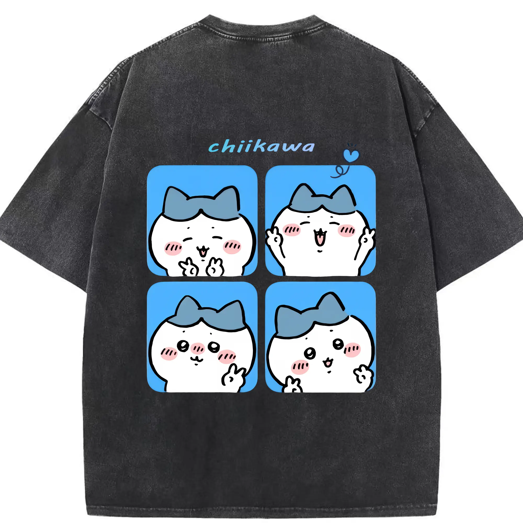 ちい が わ グッズ ハチワレ - 綿100％ ヴィンテージ風 半袖Tシャツ ・ 背面プリント ・ 柔らか肌触り ・ 通気性 快適 ・ スポーツ カジュアル 外出用