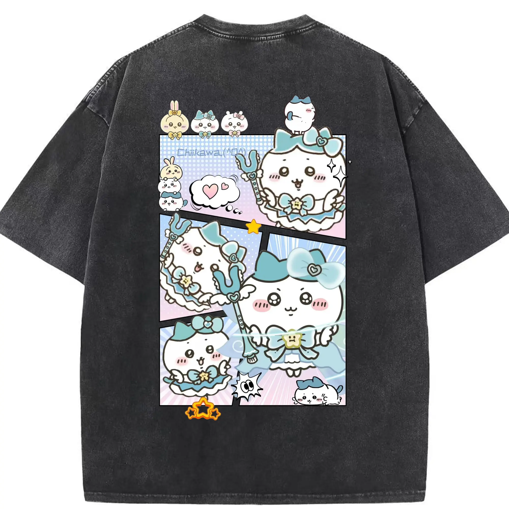 ちい が わ グッズ ハチワレ - 綿100％ ヴィンテージ風 半袖Tシャツ ・ 背面プリント ・ 柔らか肌触り ・ 通気性 快適 ・ スポーツ カジュアル 外出用