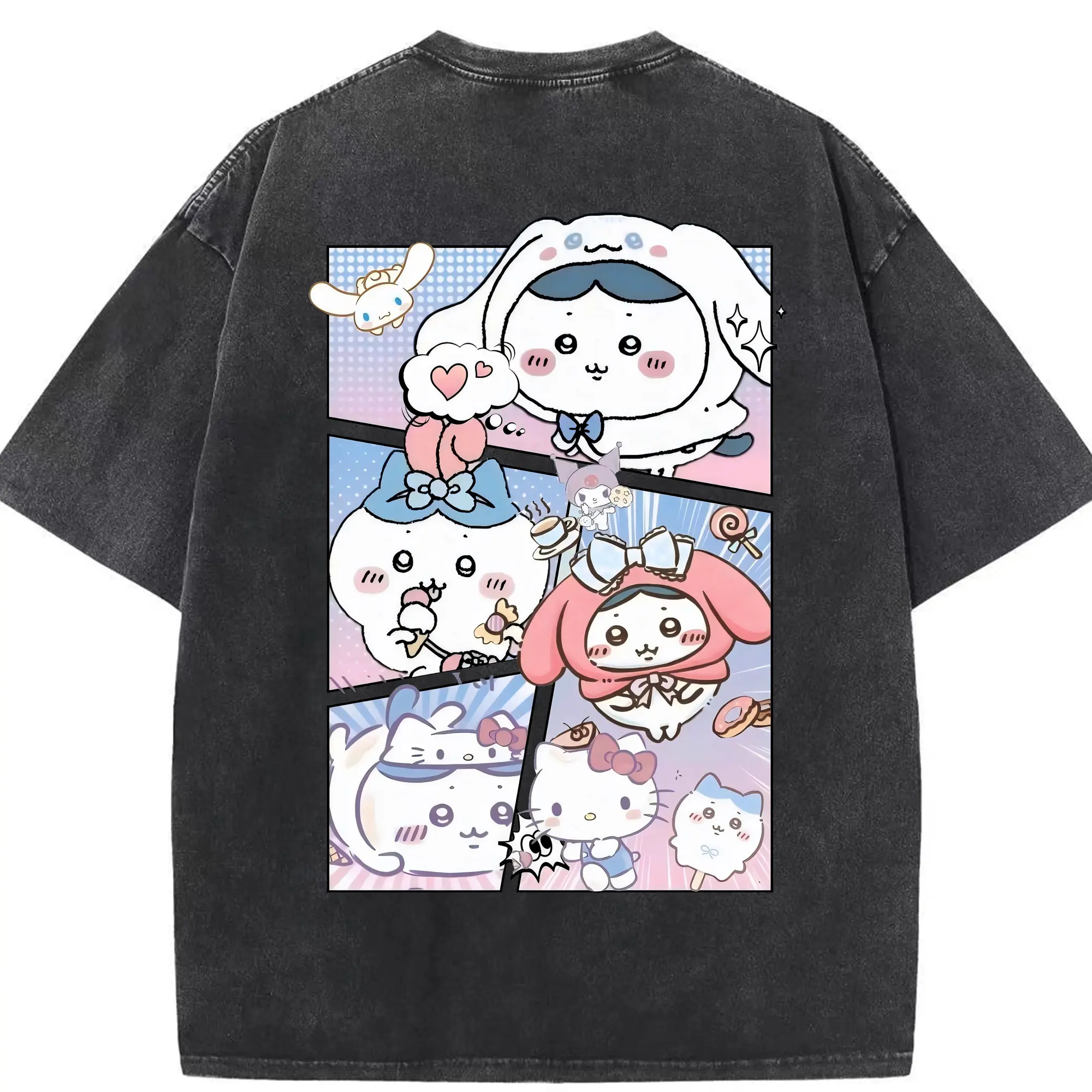ちい が わ グッズ ハチワレ - 綿100％ ヴィンテージ風 半袖Tシャツ ・ 背面プリント ・ 柔らか肌触り ・ 通気性 快適 ・ スポーツ カジュアル 外出用