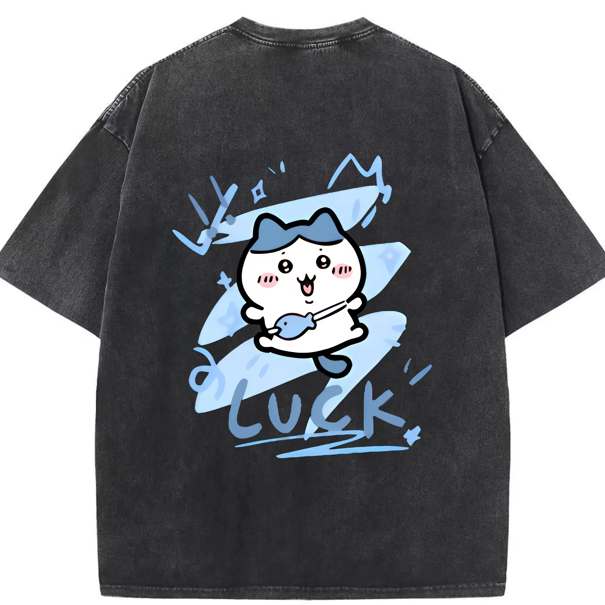 ちい が わ グッズ ハチワレ - 綿100％ ヴィンテージ風 半袖Tシャツ ・ 背面プリント ・ 柔らか肌触り ・ 通気性 快適 ・ スポーツ カジュアル 外出用