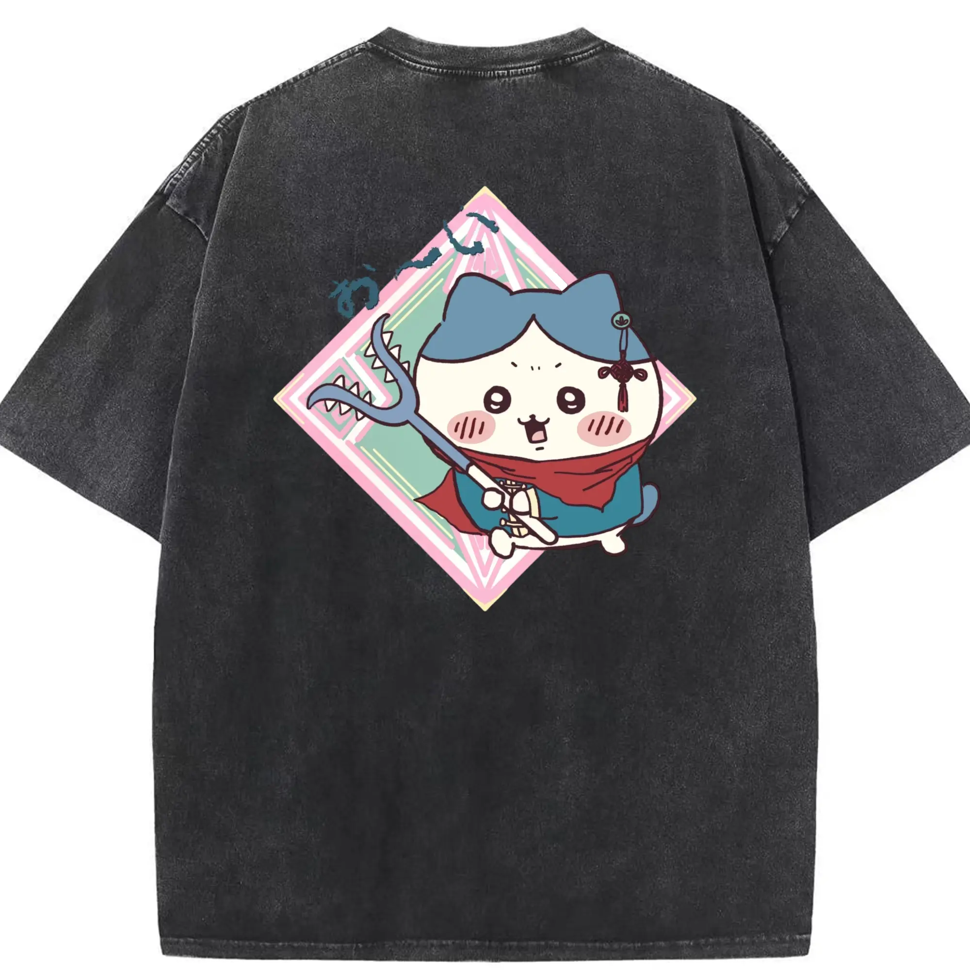ちい が わ グッズ ハチワレ - 綿100％ ヴィンテージ風 半袖Tシャツ ・ 背面プリント ・ 柔らか肌触り ・ 通気性 快適 ・ スポーツ カジュアル 外出用