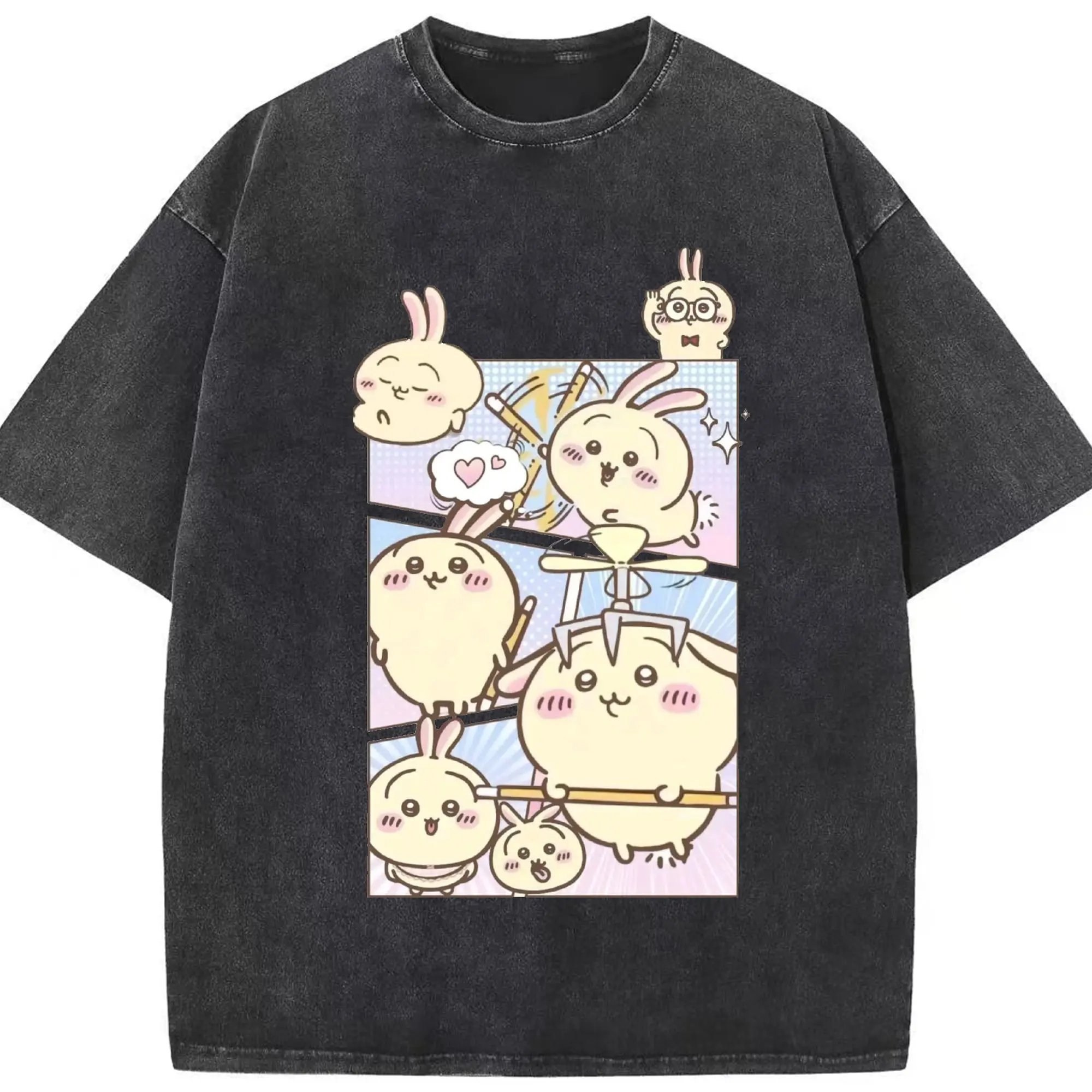 ちい が わ グッズ うさぎ - 綿100％ ヴィンテージ風 半袖Tシャツ ・ フロントプリント ・ 柔らか肌触り ・ 通気性 快適 ・ スポーツ カジュアル 外出用