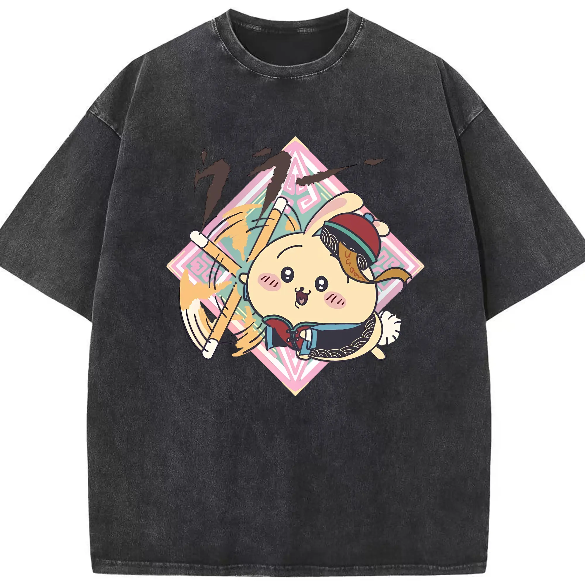 ちい が わ グッズ うさぎ - 綿100％ ヴィンテージ風 半袖Tシャツ ・ フロントプリント ・ 柔らか肌触り ・ 通気性 快適 ・ スポーツ カジュアル 外出用
