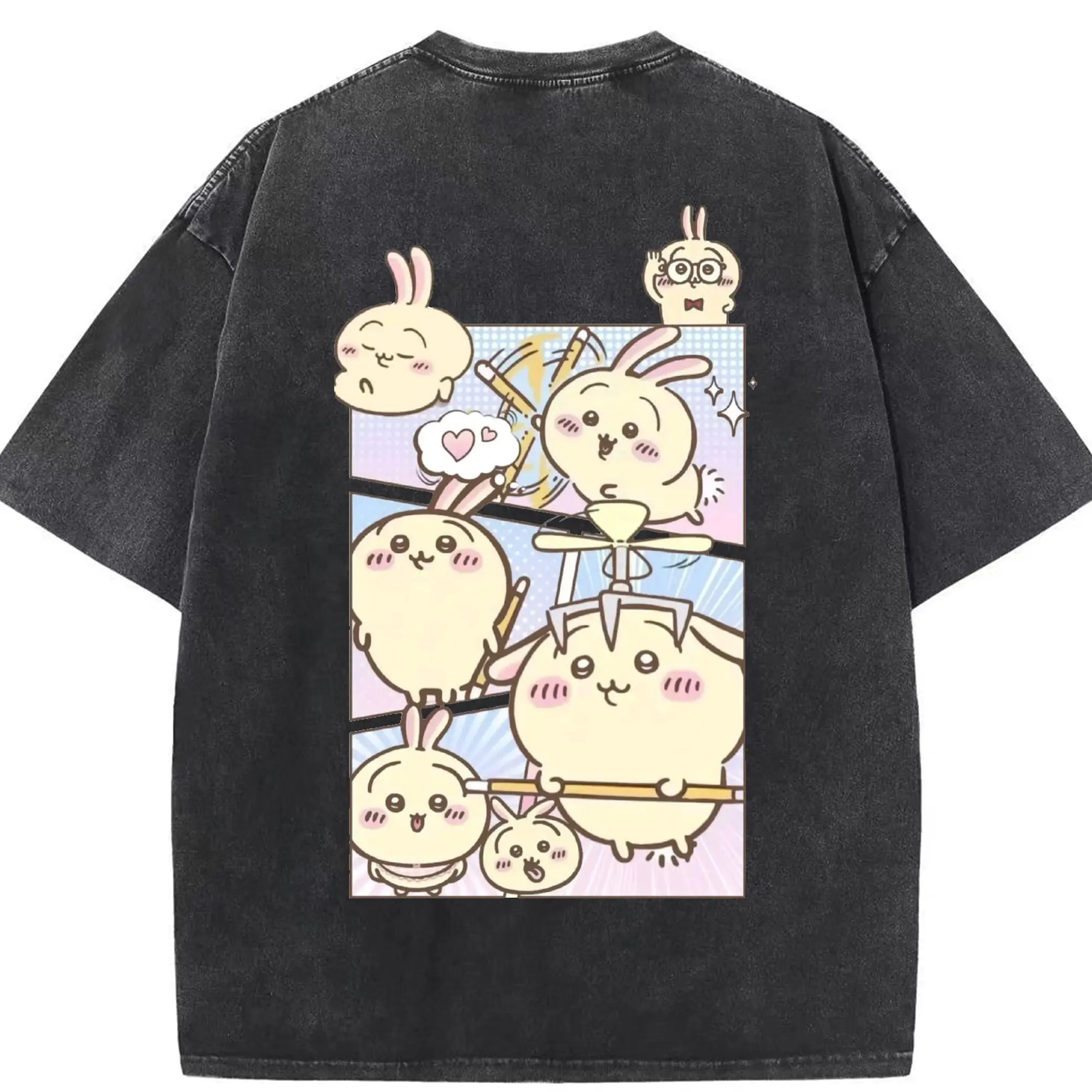 ちい が わ グッズ うさぎ - 綿100％ ヴィンテージ風 半袖Tシャツ ・ 背面プリント ・ 柔らか肌触り ・ 通気性 快適 ・ スポーツ カジュアル 外出用