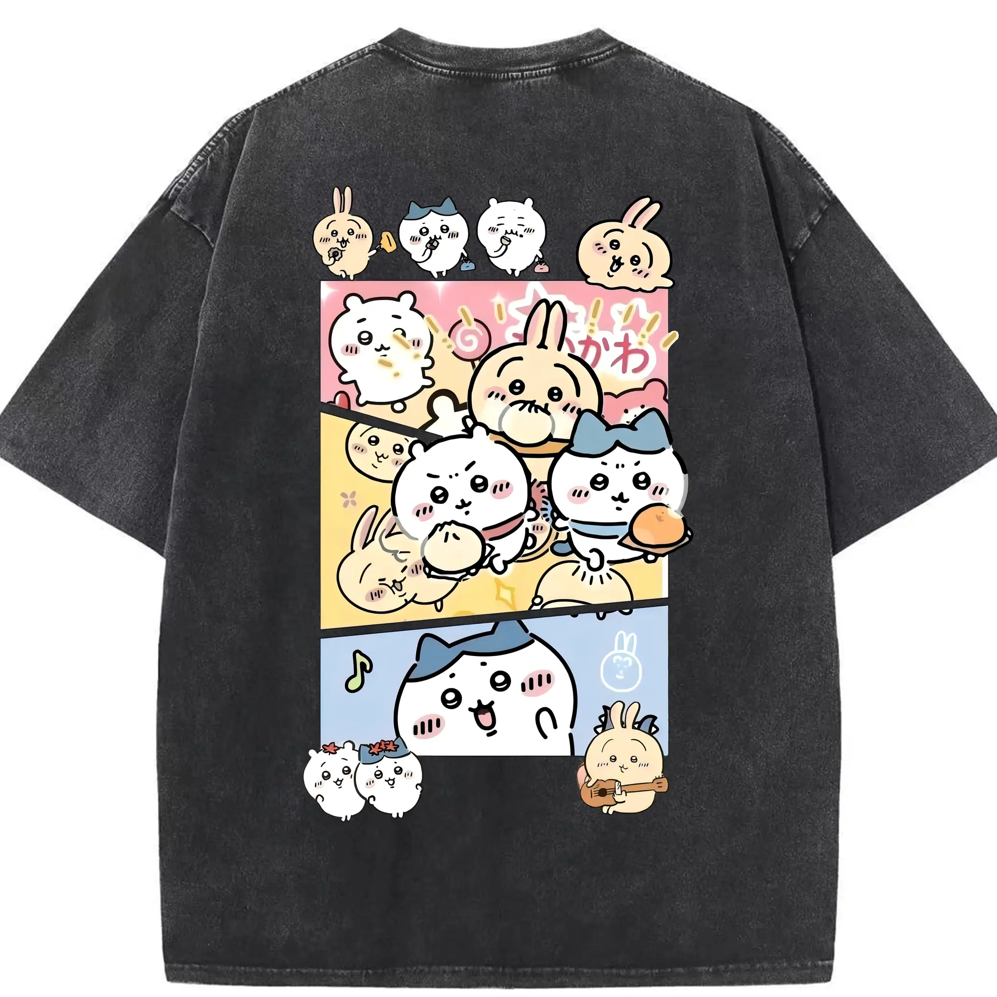 ちい が わ グッズ うさぎ - 綿100％ ヴィンテージ風 半袖Tシャツ ・ 背面プリント ・ 柔らか肌触り ・ 通気性 快適 ・ スポーツ カジュアル 外出用