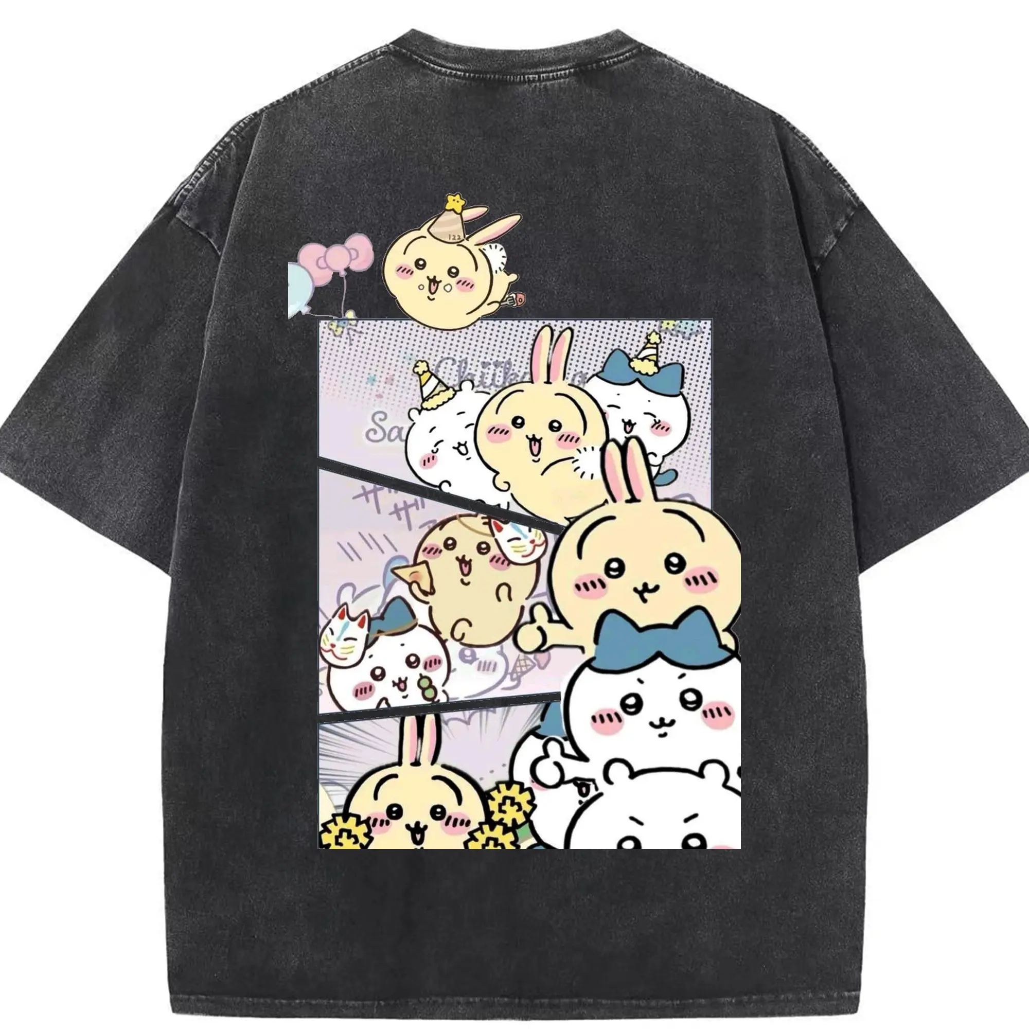 ちい が わ グッズ うさぎ - 綿100％ ヴィンテージ風 半袖Tシャツ ・ 背面プリント ・ 柔らか肌触り ・ 通気性 快適 ・ スポーツ カジュアル 外出用