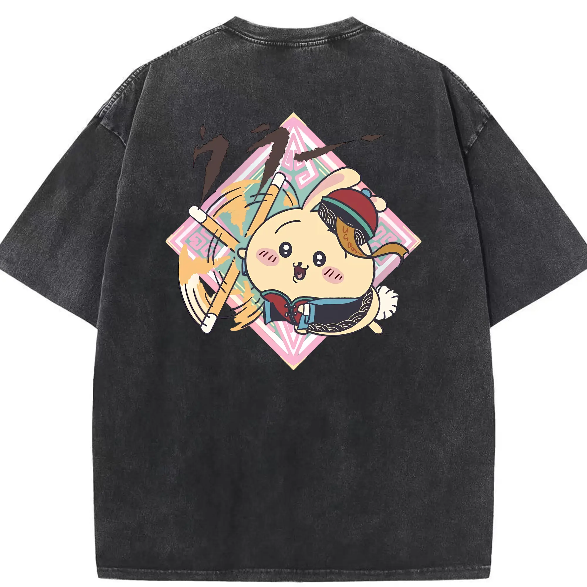 ちい が わ グッズ うさぎ - 綿100％ ヴィンテージ風 半袖Tシャツ ・ 背面プリント ・ 柔らか肌触り ・ 通気性 快適 ・ スポーツ カジュアル 外出用