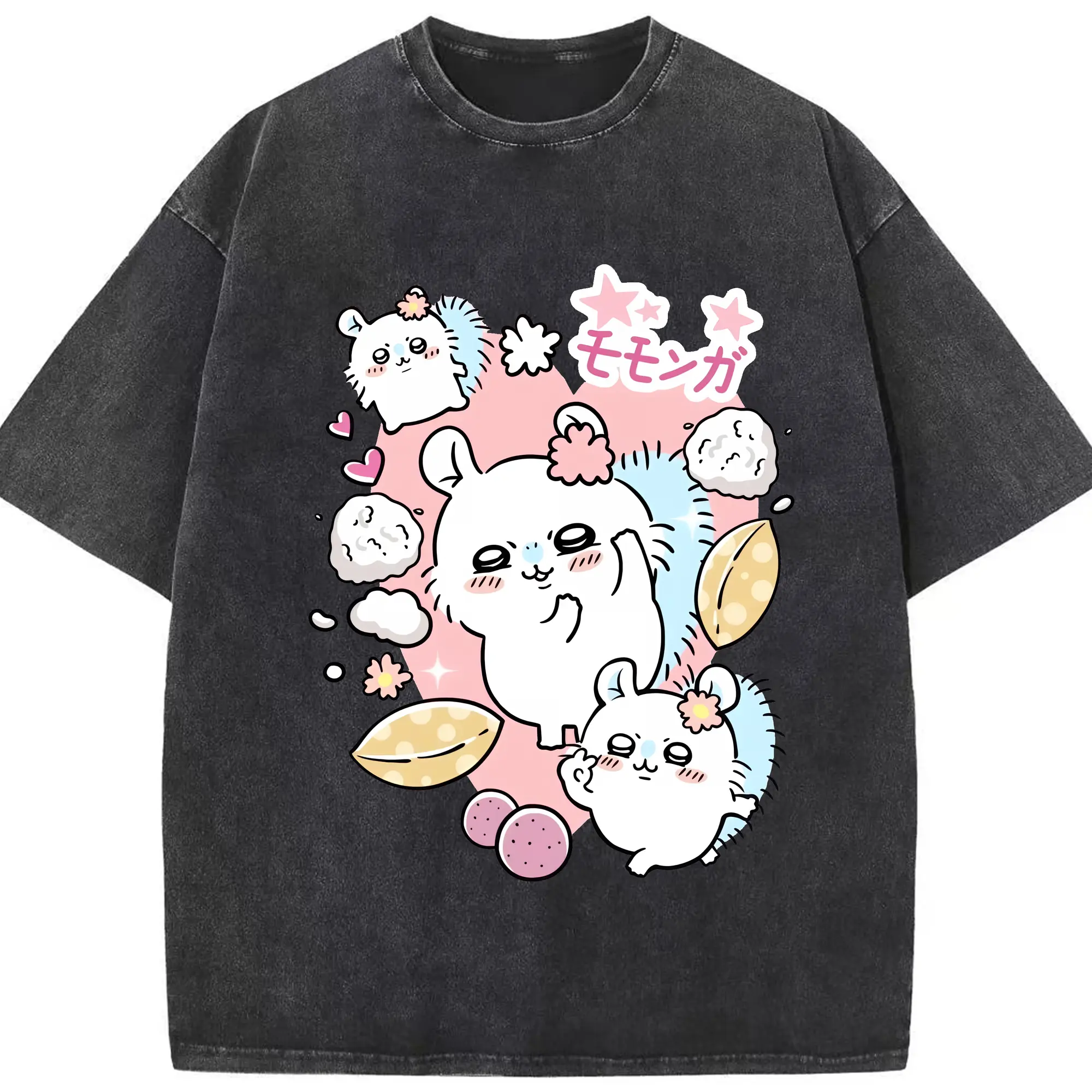 ちい が わ グッズ モモンガ - 綿100％ ヴィンテージ風 半袖Tシャツ ・ フロントプリント ・ 柔らか肌触り ・ 通気性 快適 ・ スポーツ カジュアル 外出用