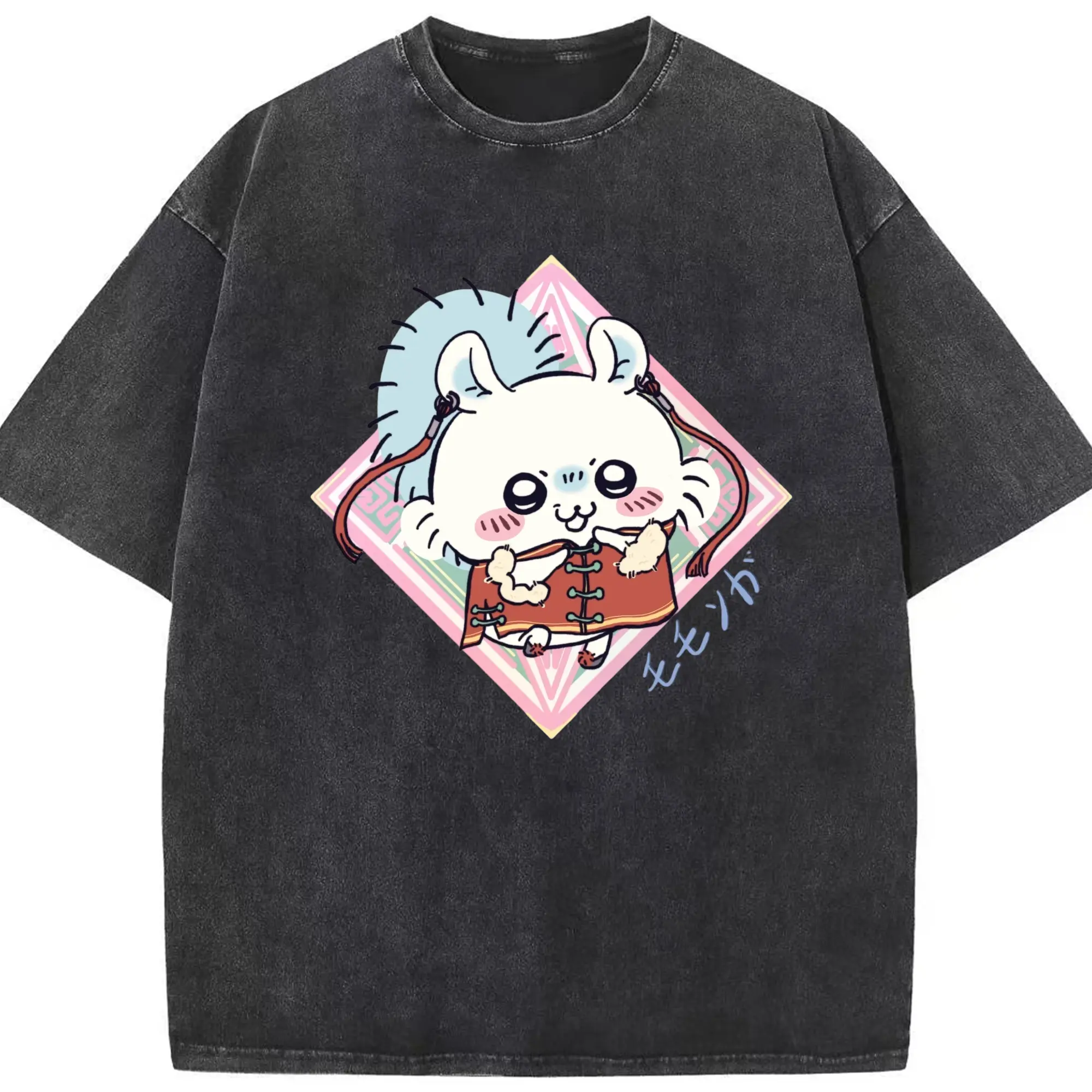 ちい が わ グッズ モモンガ - 綿100％ ヴィンテージ風 半袖Tシャツ ・ フロントプリント ・ 柔らか肌触り ・ 通気性 快適 ・ スポーツ カジュアル 外出用