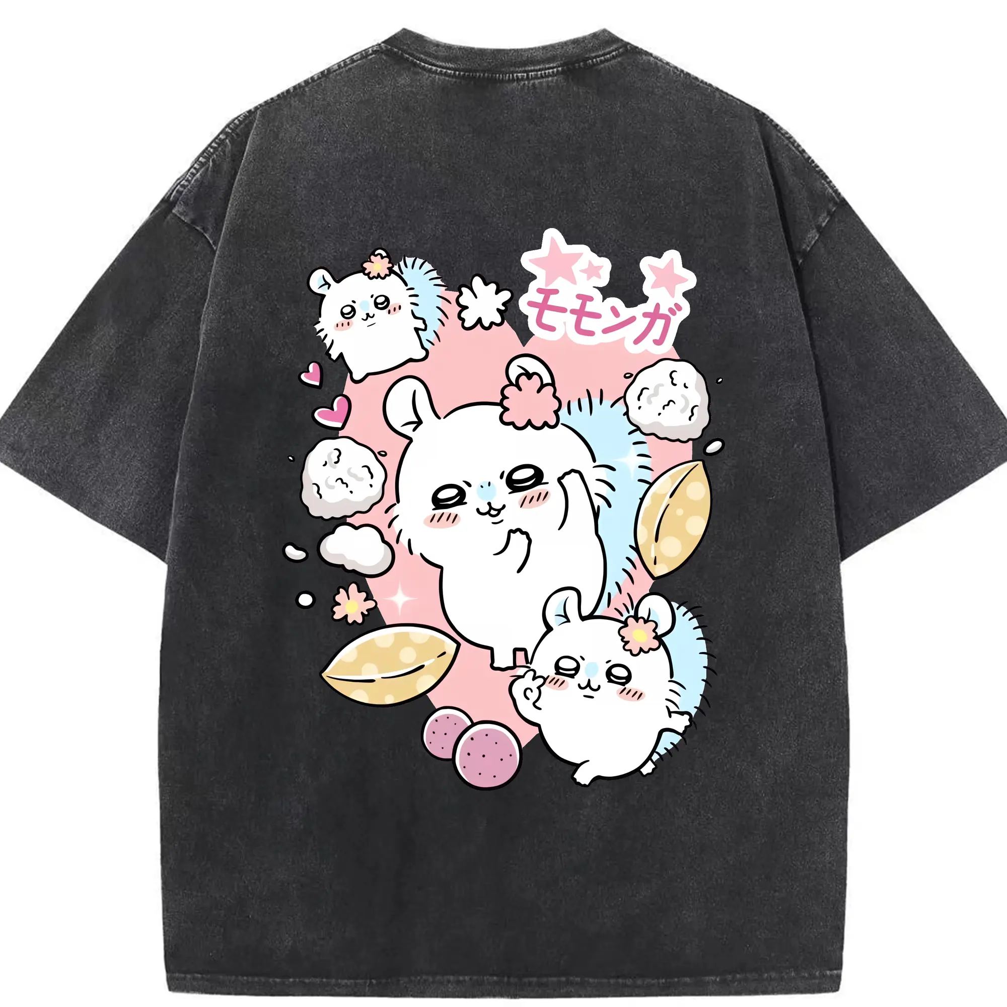ちい が わ グッズ モモンガ - 綿100％ ヴィンテージ風 半袖Tシャツ ・ 背面プリント ・ 柔らか肌触り ・ 通気性 快適 ・ スポーツ カジュアル 外出用