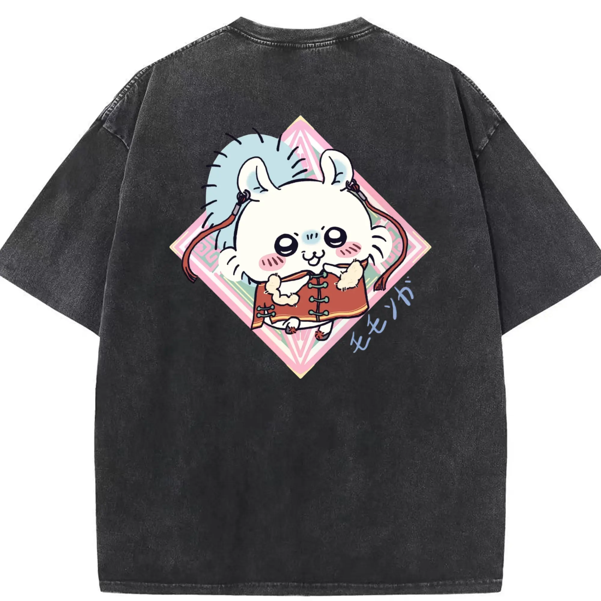 ちい が わ グッズ モモンガ - 綿100％ ヴィンテージ風 半袖Tシャツ ・ 背面プリント ・ 柔らか肌触り ・ 通気性 快適 ・ スポーツ カジュアル 外出用