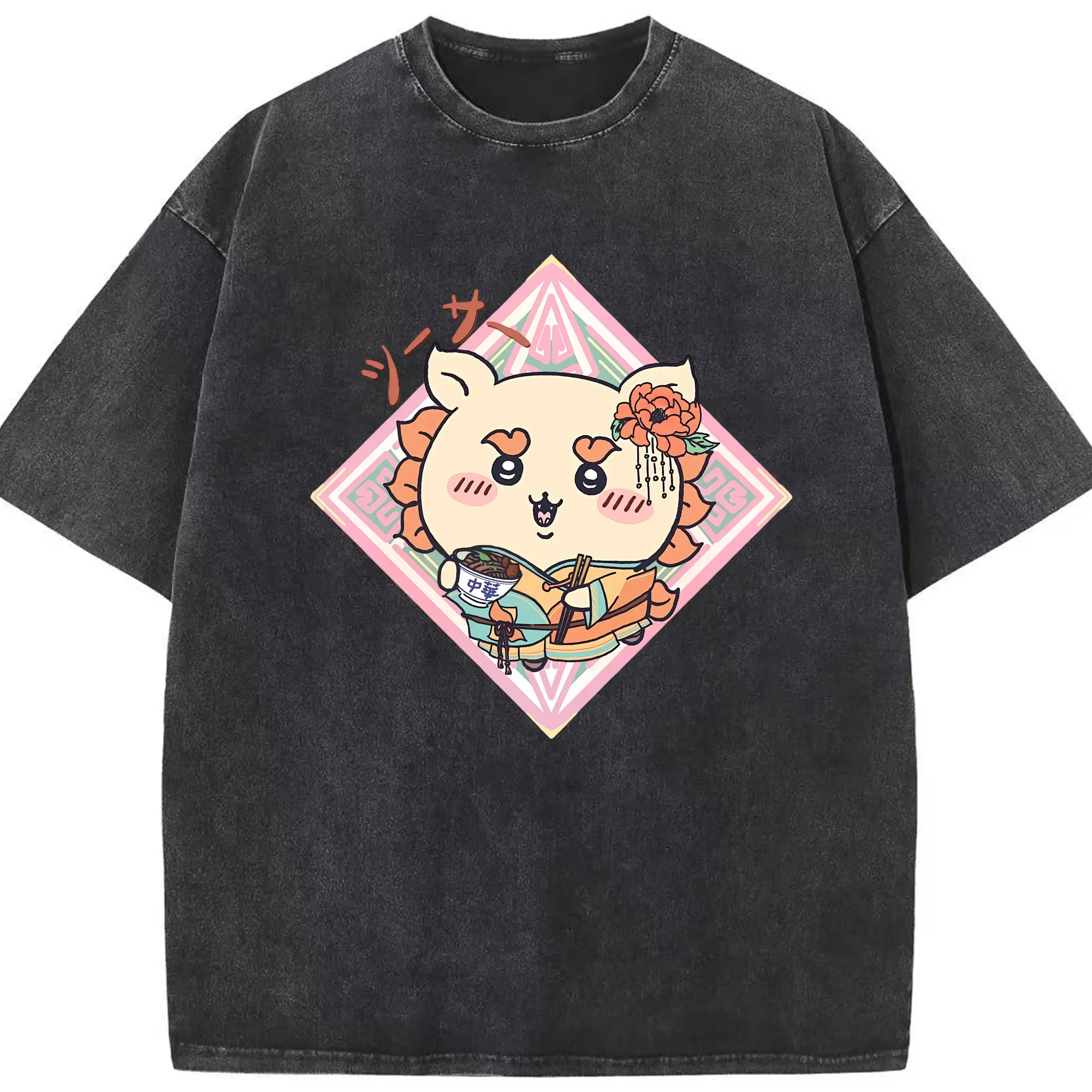 ちい が わ グッズ シーサー - 綿100％ ヴィンテージ風 半袖Tシャツ ・ フロントプリント ・ 柔らか肌触り ・ 通気性 快適 ・ スポーツ カジュアル 外出用