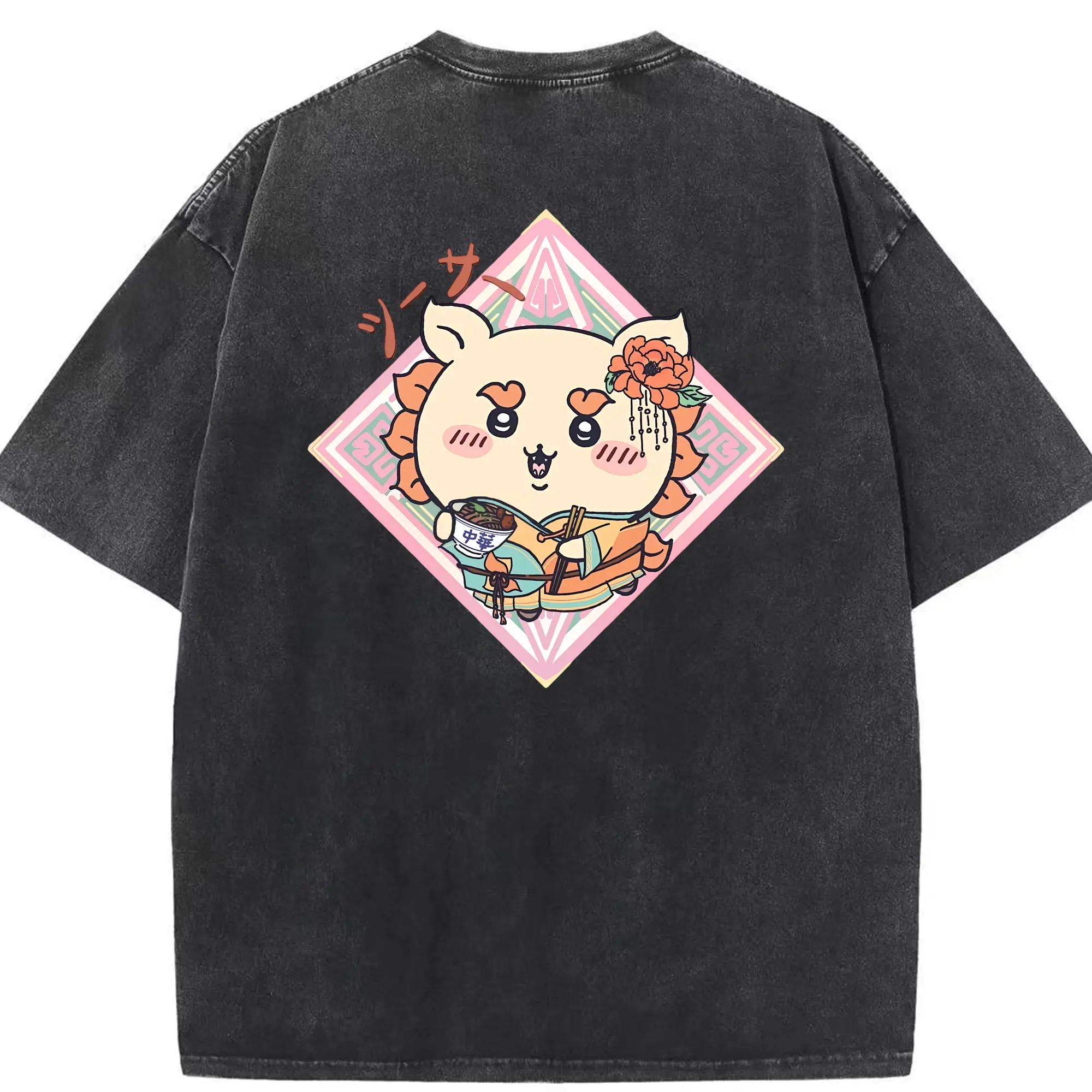 ちい が わ グッズ シーサー - 綿100％ ヴィンテージ風 半袖Tシャツ ・ 背面プリント ・ 柔らか肌触り ・ 通気性 快適 ・ スポーツ カジュアル 外出用