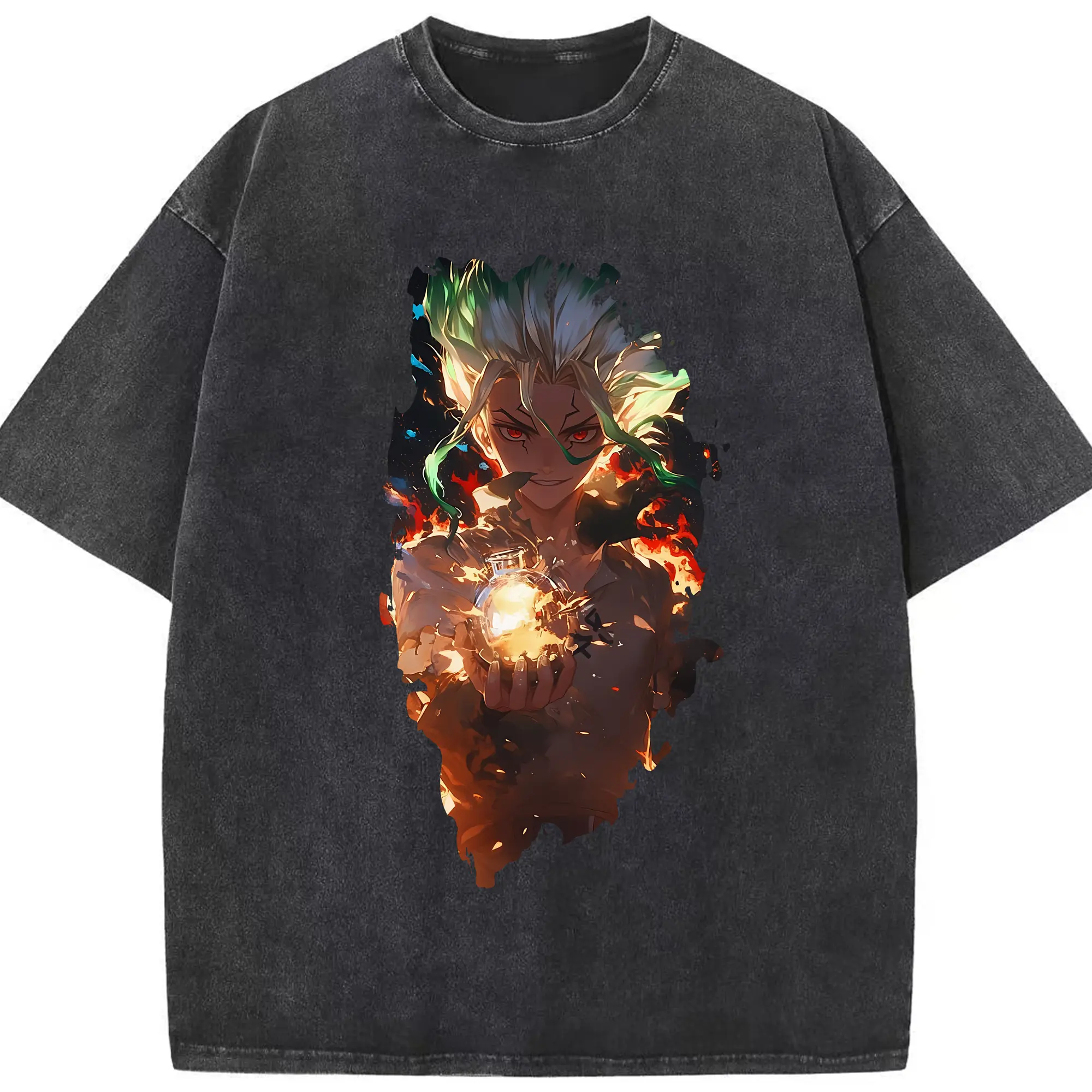 ドクターストーン グッズ,石神千空 - 綿100％ ヴィンテージ風 半袖Tシャツ ・ フロントプリント ・ 柔らか肌触り ・ 通気性 快適 ・ スポーツ カジュアル 外出用