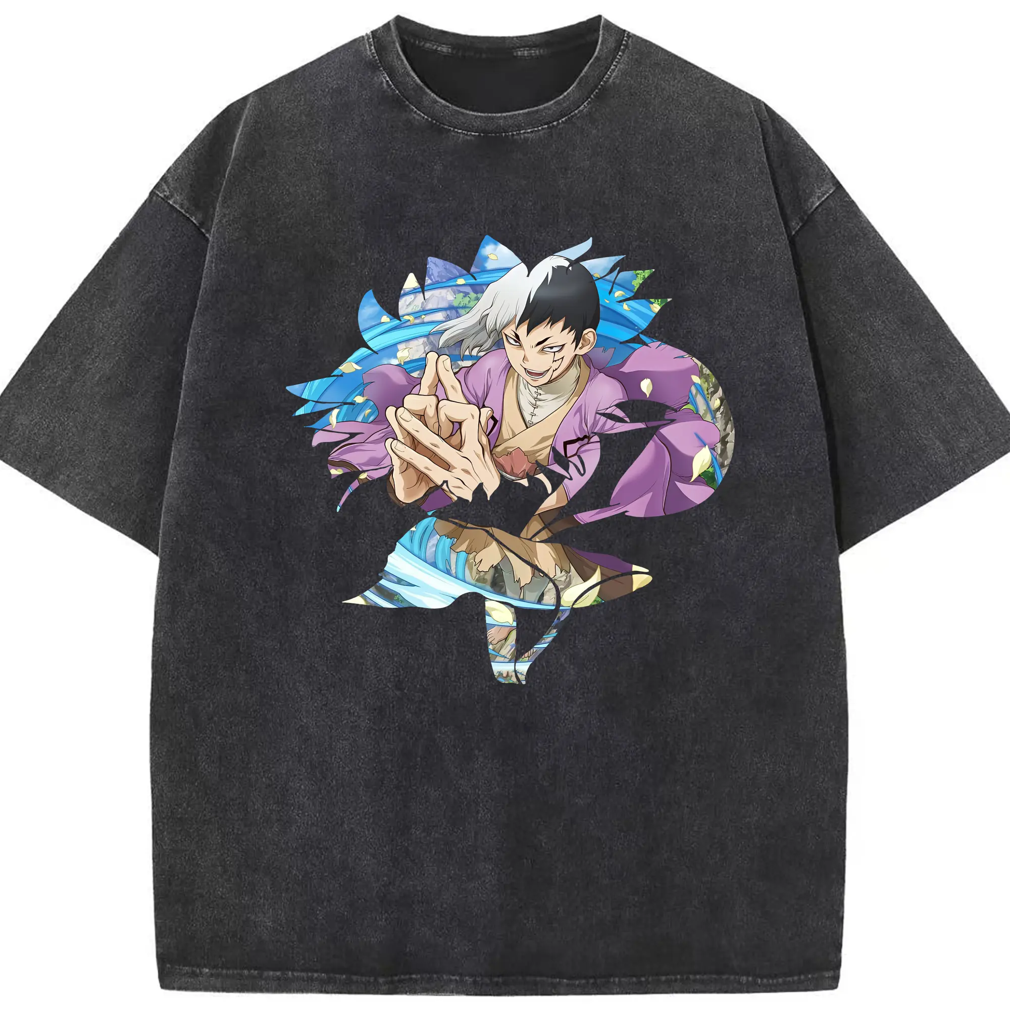 ドクターストーン グッズ,ゲン 銀狼 - 綿100％ ヴィンテージ風 半袖Tシャツ ・ フロントプリント ・ 柔らか肌触り ・ 通気性 快適 ・ スポーツ カジュアル 外出用