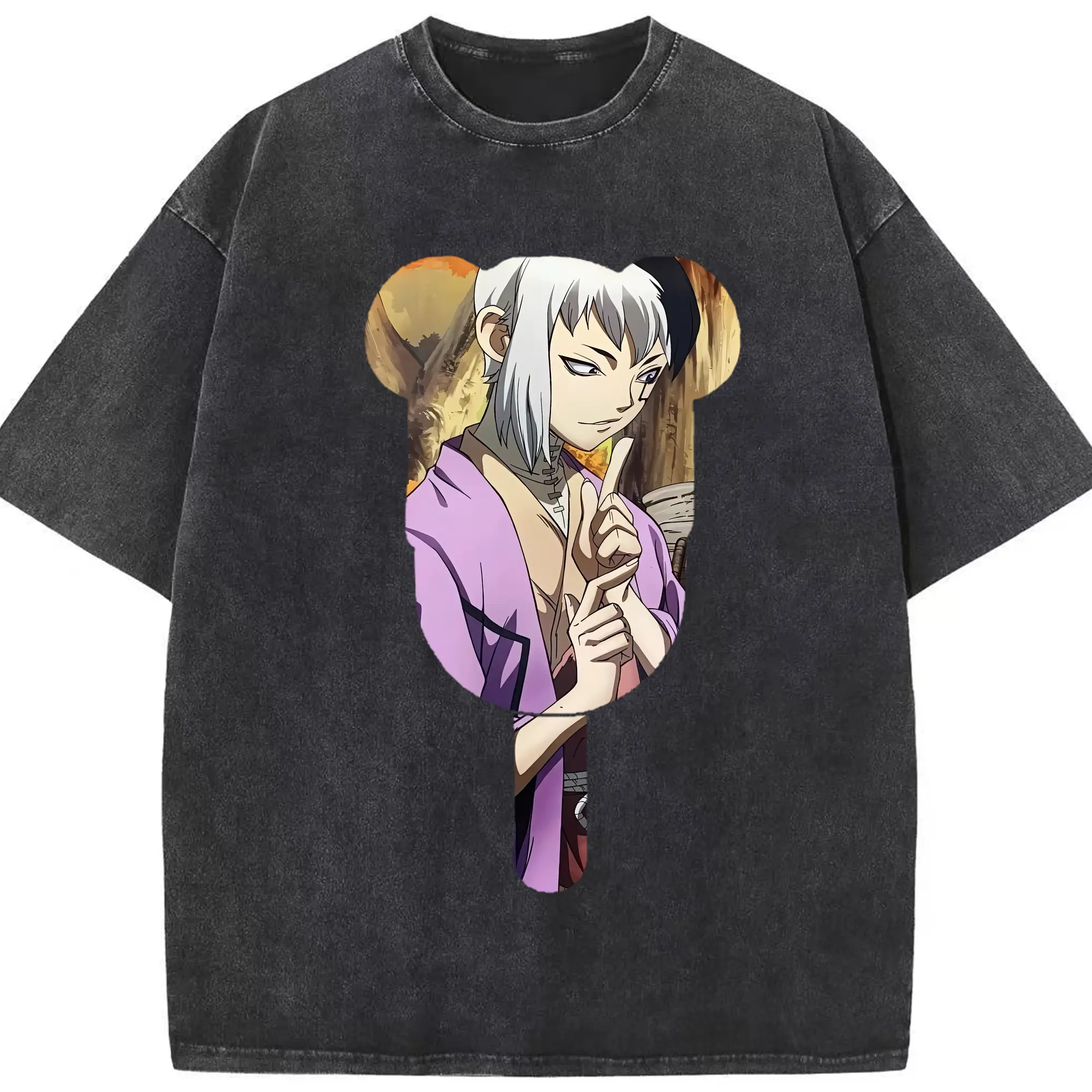 ドクターストーン グッズ,ゲン 銀狼 - 綿100％ ヴィンテージ風 半袖Tシャツ ・ フロントプリント ・ 柔らか肌触り ・ 通気性 快適 ・ スポーツ カジュアル 外出用