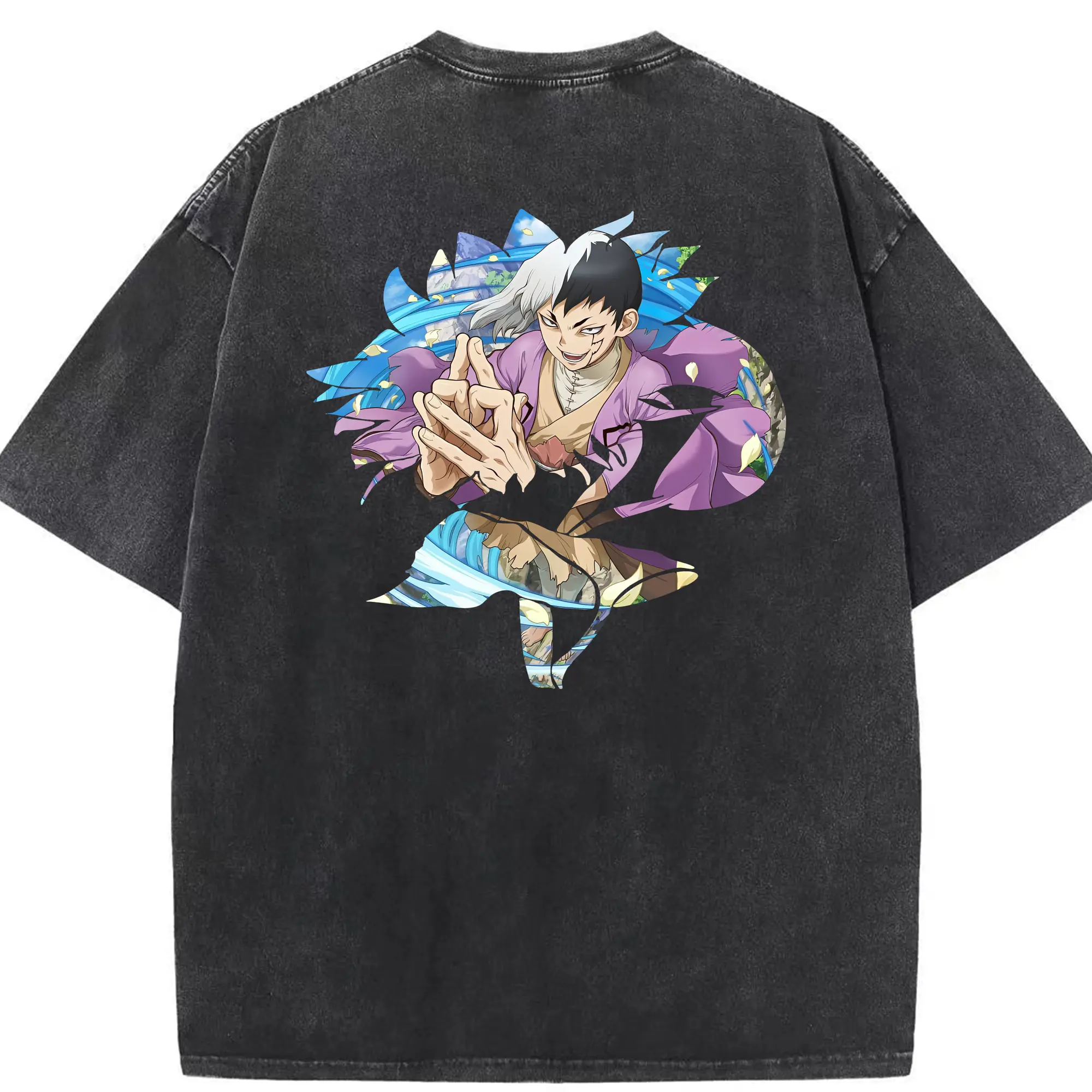 ドクターストーン グッズ,ゲン 銀狼 - 綿100％ ヴィンテージ風 半袖Tシャツ ・ 背面プリント ・ 柔らか肌触り ・ 通気性 快適 ・ スポーツ カジュアル 外出用