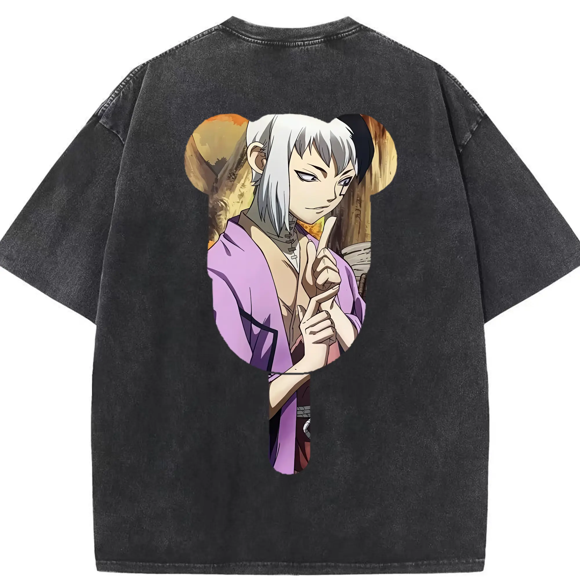 ドクターストーン グッズ,ゲン 銀狼 - 綿100％ ヴィンテージ風 半袖Tシャツ ・ 背面プリント ・ 柔らか肌触り ・ 通気性 快適 ・ スポーツ カジュアル 外出用