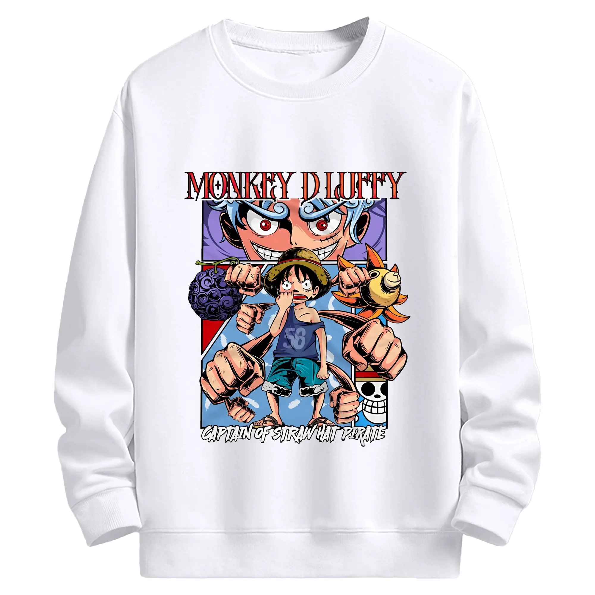 ワンピース グッズ モンキー・D・ルフィ - 高品質 クルーネック スウェット ・ コットン59％ ポリエステル41％ ・ ユニセックス 長袖 トレーナー ・ カジュアル デイリー スポーツ 散歩用