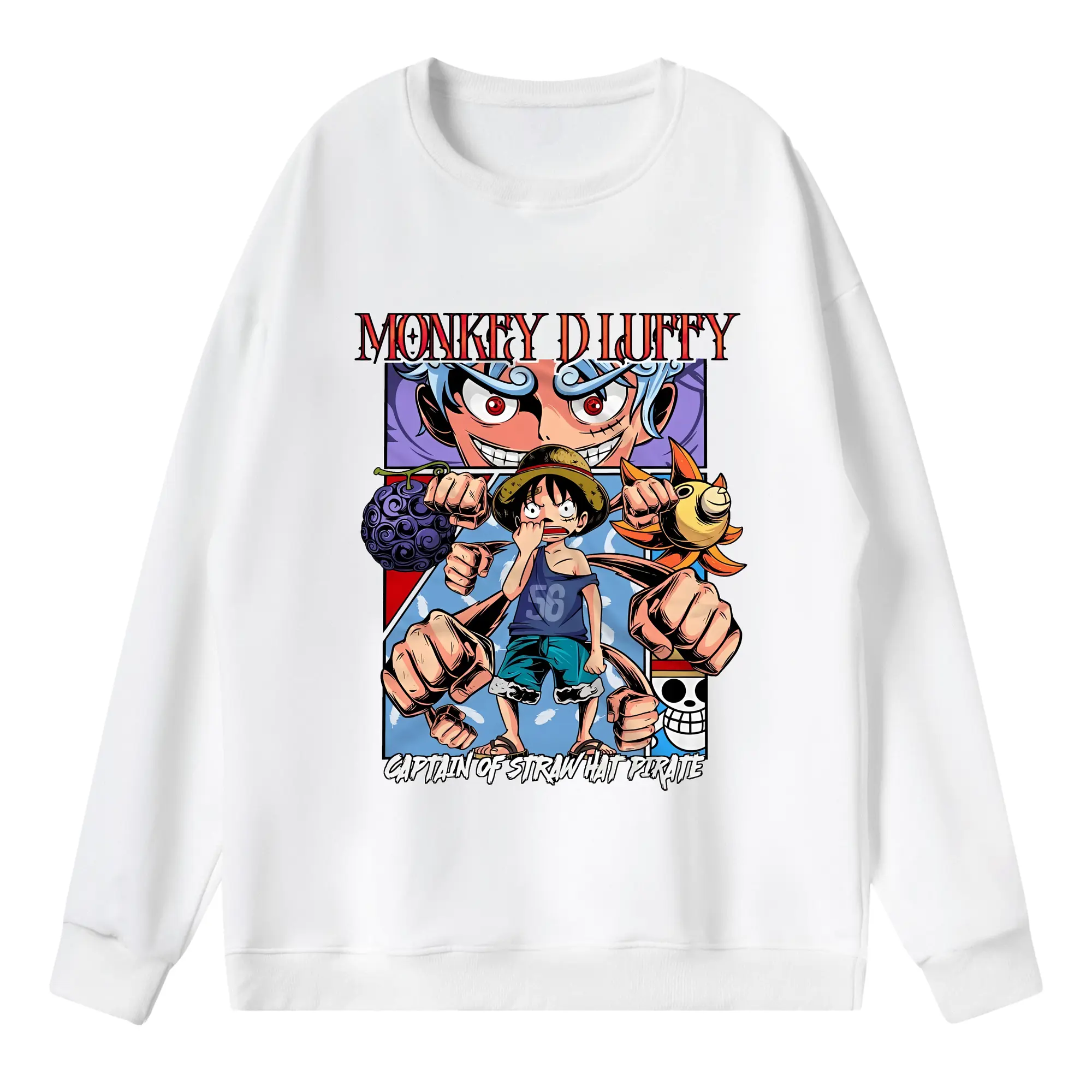ワンピース グッズ モンキー・D・ルフィ - 薄手 クルーネック スウェット 裏毛260g · ポリエステル 春秋向け カジュアル 男女兼用 · トレーナー デイリー スポーツ 散歩に最適
