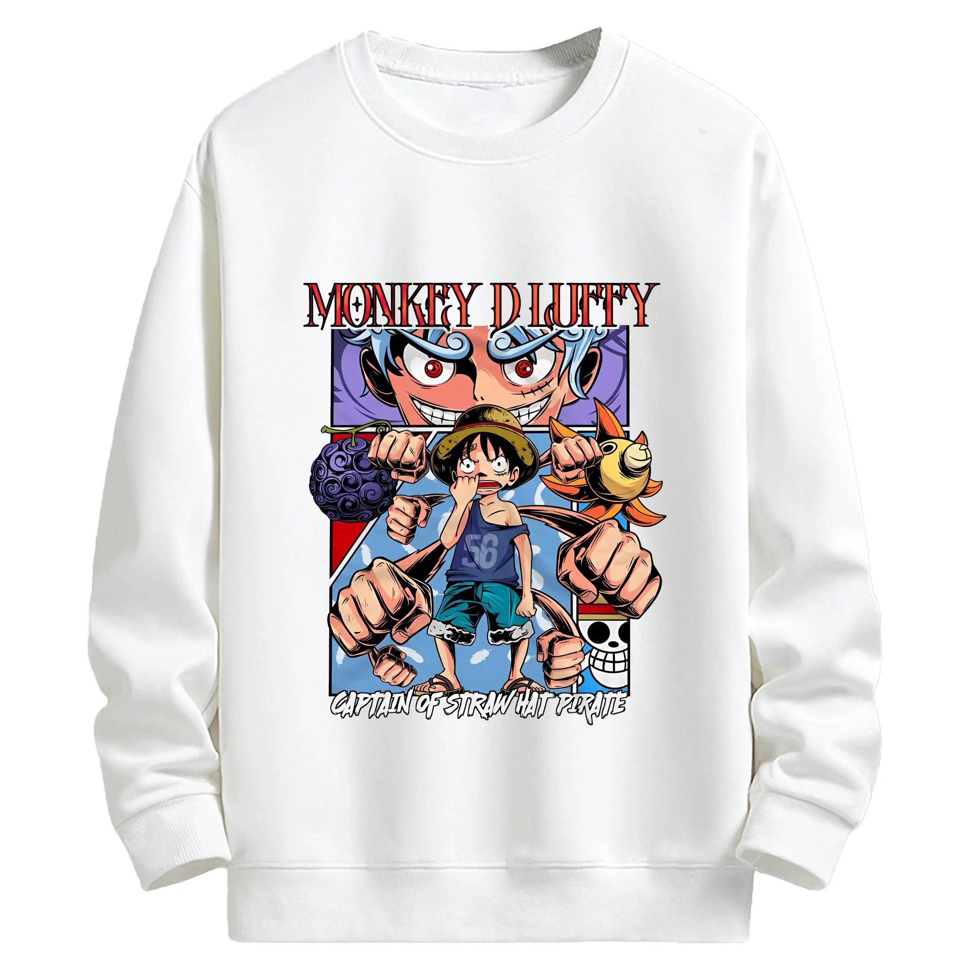 ワンピース グッズ モンキー・D・ルフィ - キッズ クルーネックスウェットシャツ ・ フロントプリント ・ 綿80％ ポリエステル20％ ・ 快適 通学 スポーツ 日常使い お散歩用