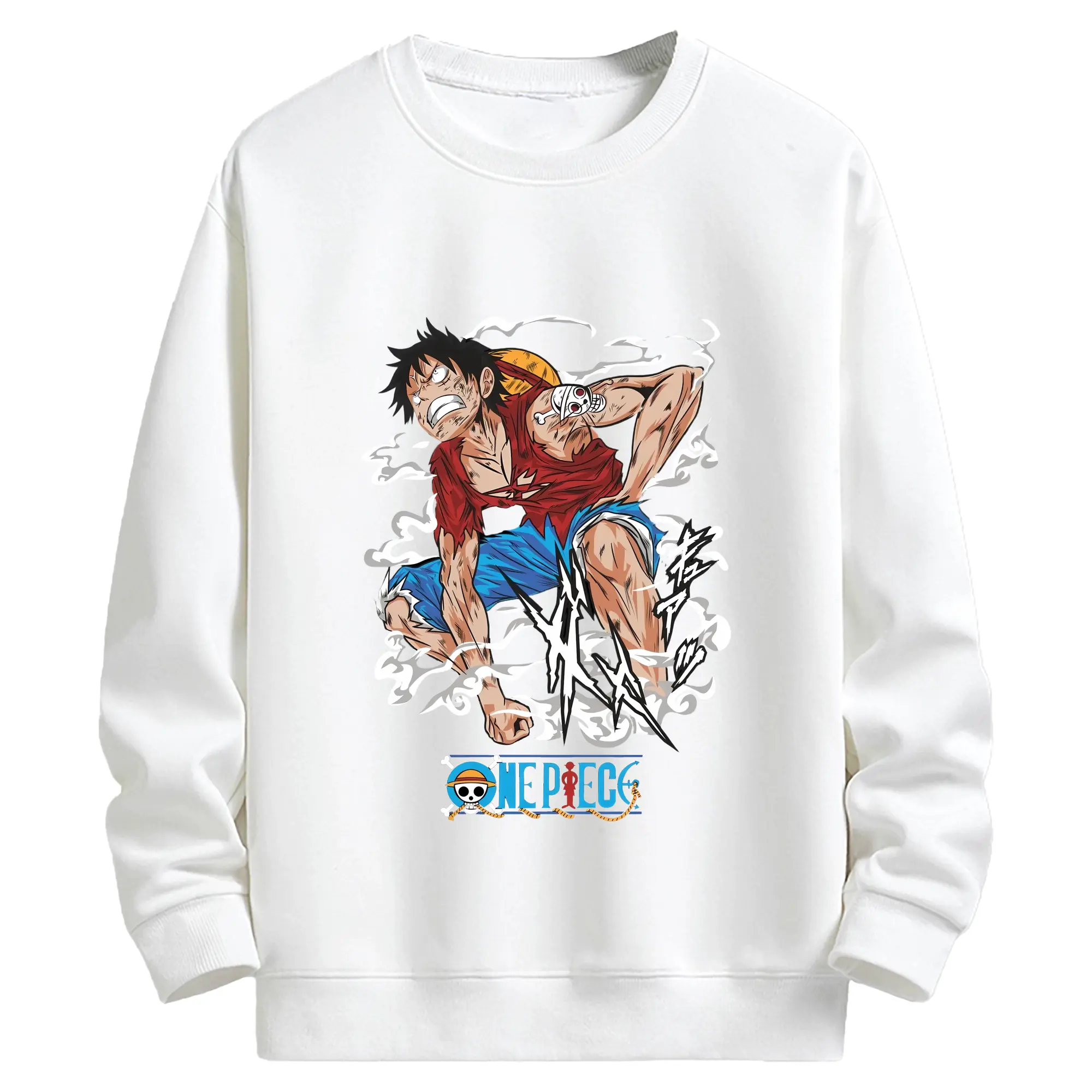 ワンピース グッズ モンキー・D・ルフィ - キッズ クルーネックスウェットシャツ ・ フロントプリント ・ 綿80％ ポリエステル20％ ・ 快適 通学 スポーツ 日常使い お散歩用