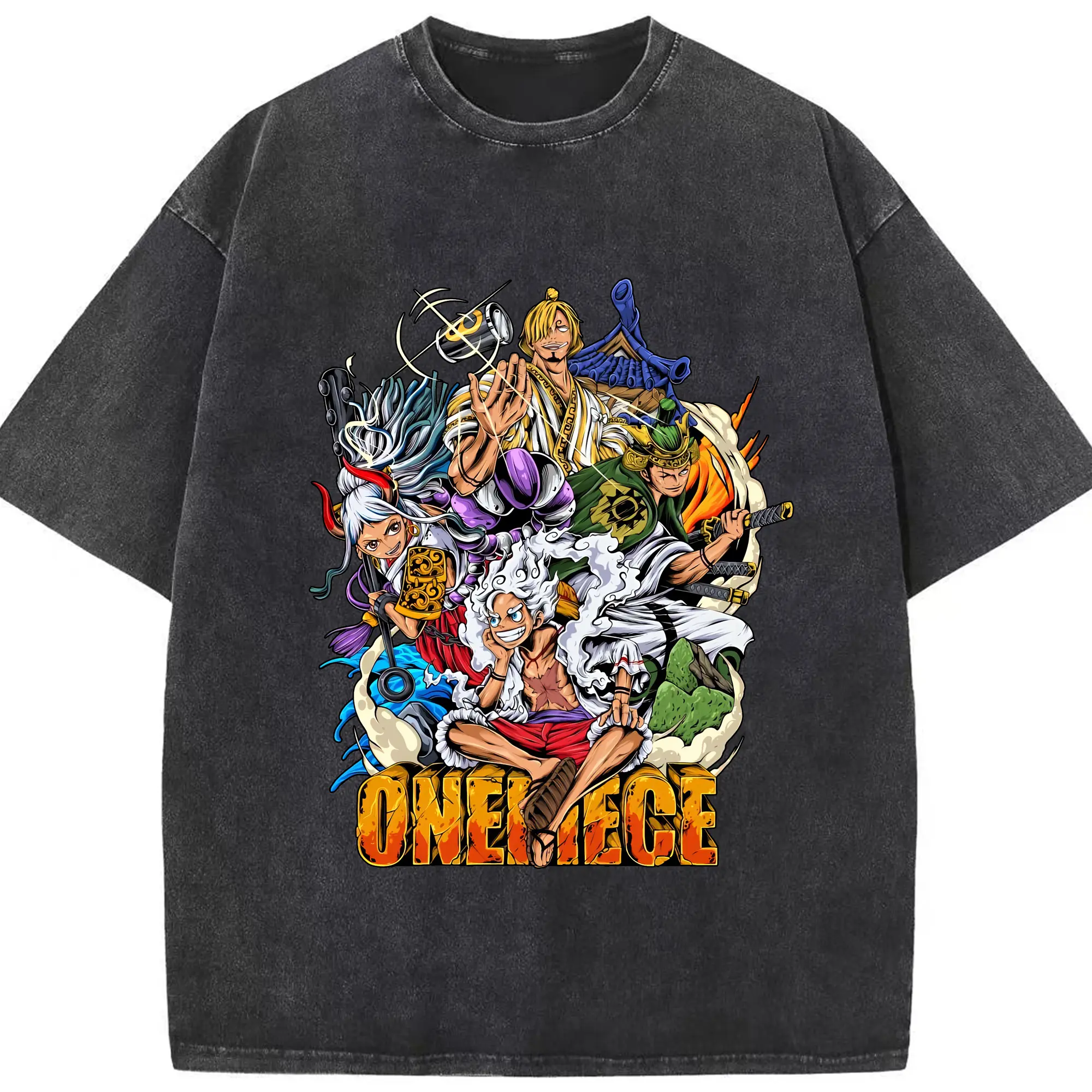 ワンピース グッズ モンキー・D・ルフィ - 綿100％ ヴィンテージ風 半袖Tシャツ ・ フロントプリント ・ 柔らか肌触り ・ 通気性 快適 ・ スポーツ カジュアル 外出用