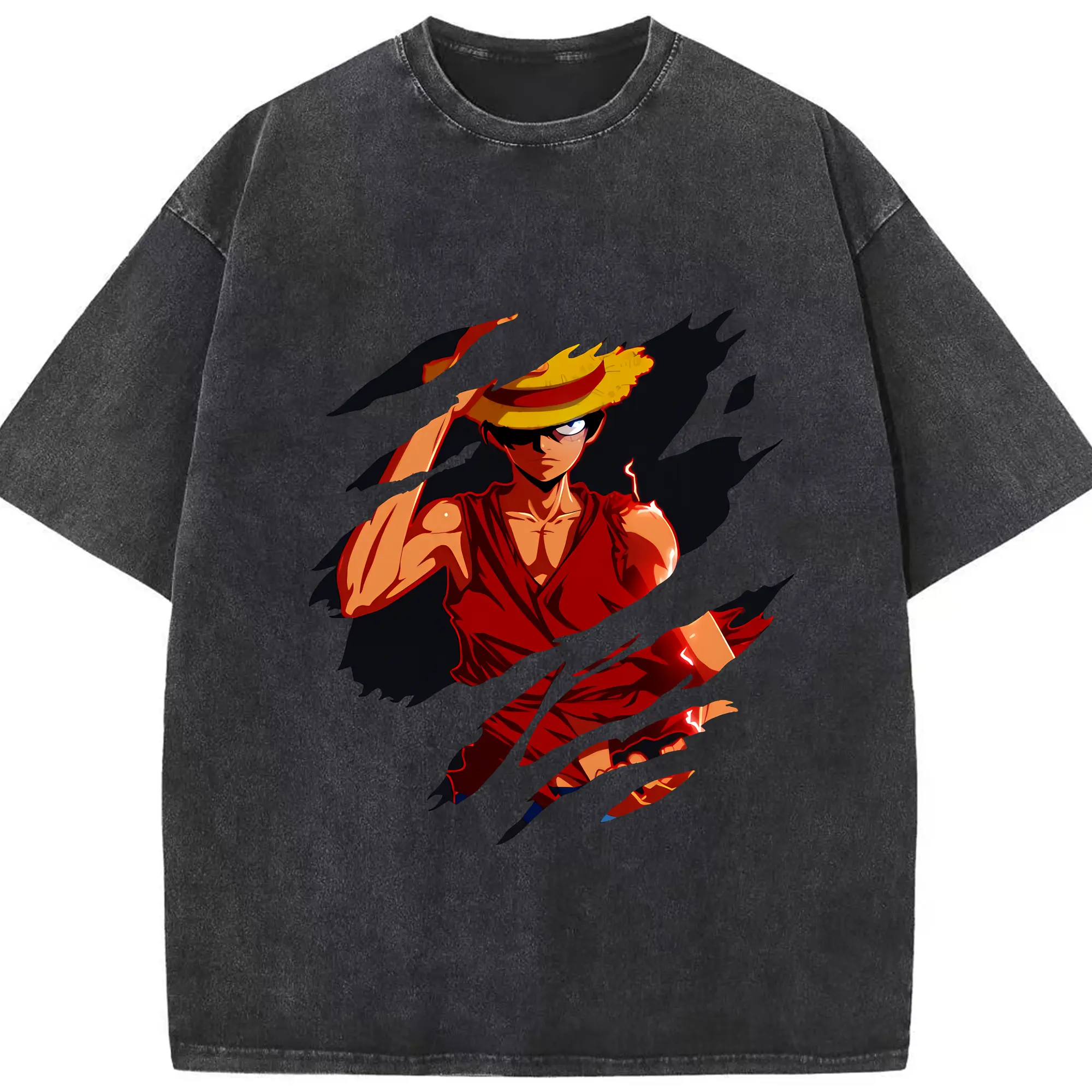 ワンピース グッズ モンキー・D・ルフィ - 綿100％ ヴィンテージ風 半袖Tシャツ ・ フロントプリント ・ 柔らか肌触り ・ 通気性 快適 ・ スポーツ カジュアル 外出用